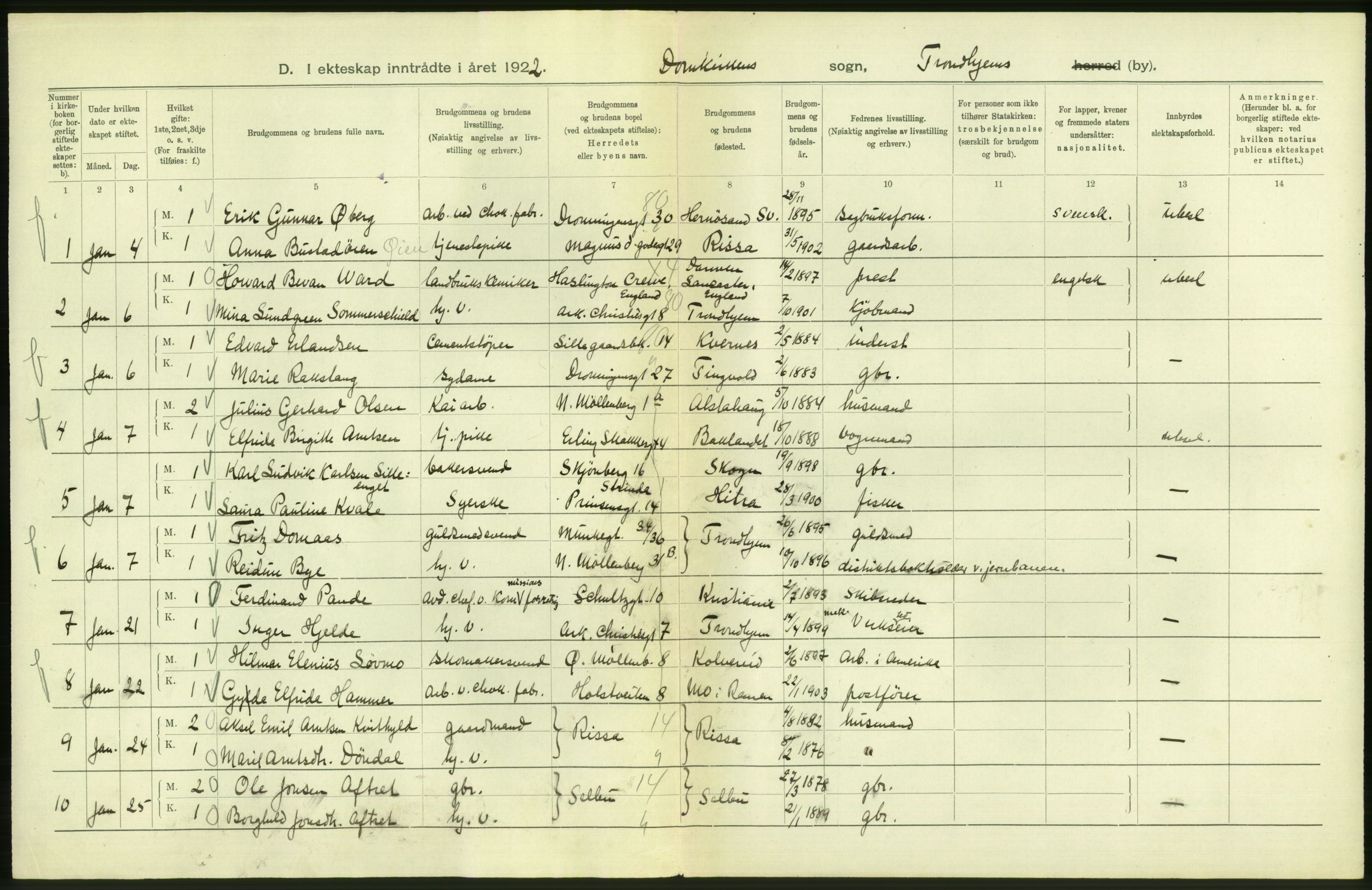 Statistisk sentralbyrå, Sosiodemografiske emner, Befolkning, AV/RA-S-2228/D/Df/Dfc/Dfcb/L0040: Trondheim: Gifte, døde, dødfødte., 1922, p. 4