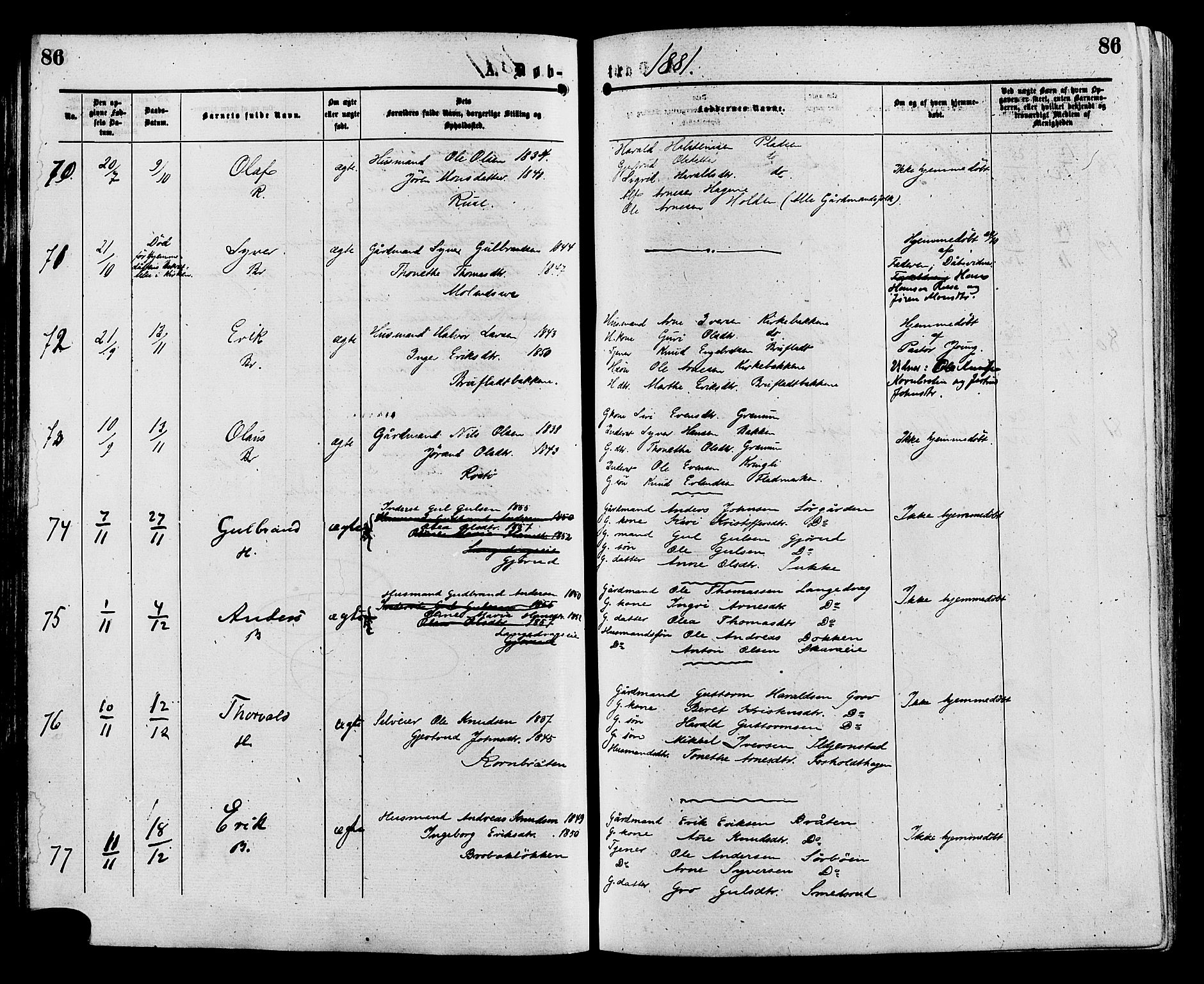 Sør-Aurdal prestekontor, AV/SAH-PREST-128/H/Ha/Haa/L0008: Parish register (official) no. 8, 1877-1885, p. 86