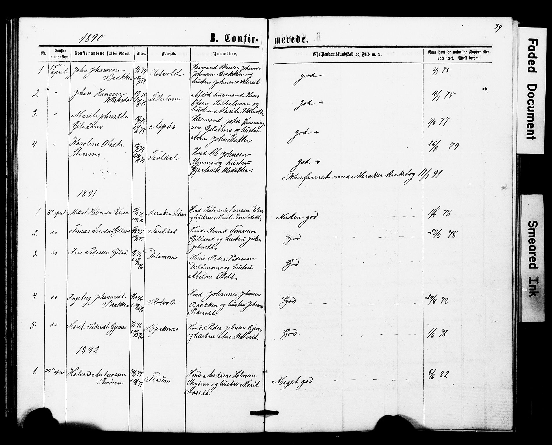 Ministerialprotokoller, klokkerbøker og fødselsregistre - Nord-Trøndelag, AV/SAT-A-1458/707/L0052: Parish register (copy) no. 707C01, 1864-1897, p. 39