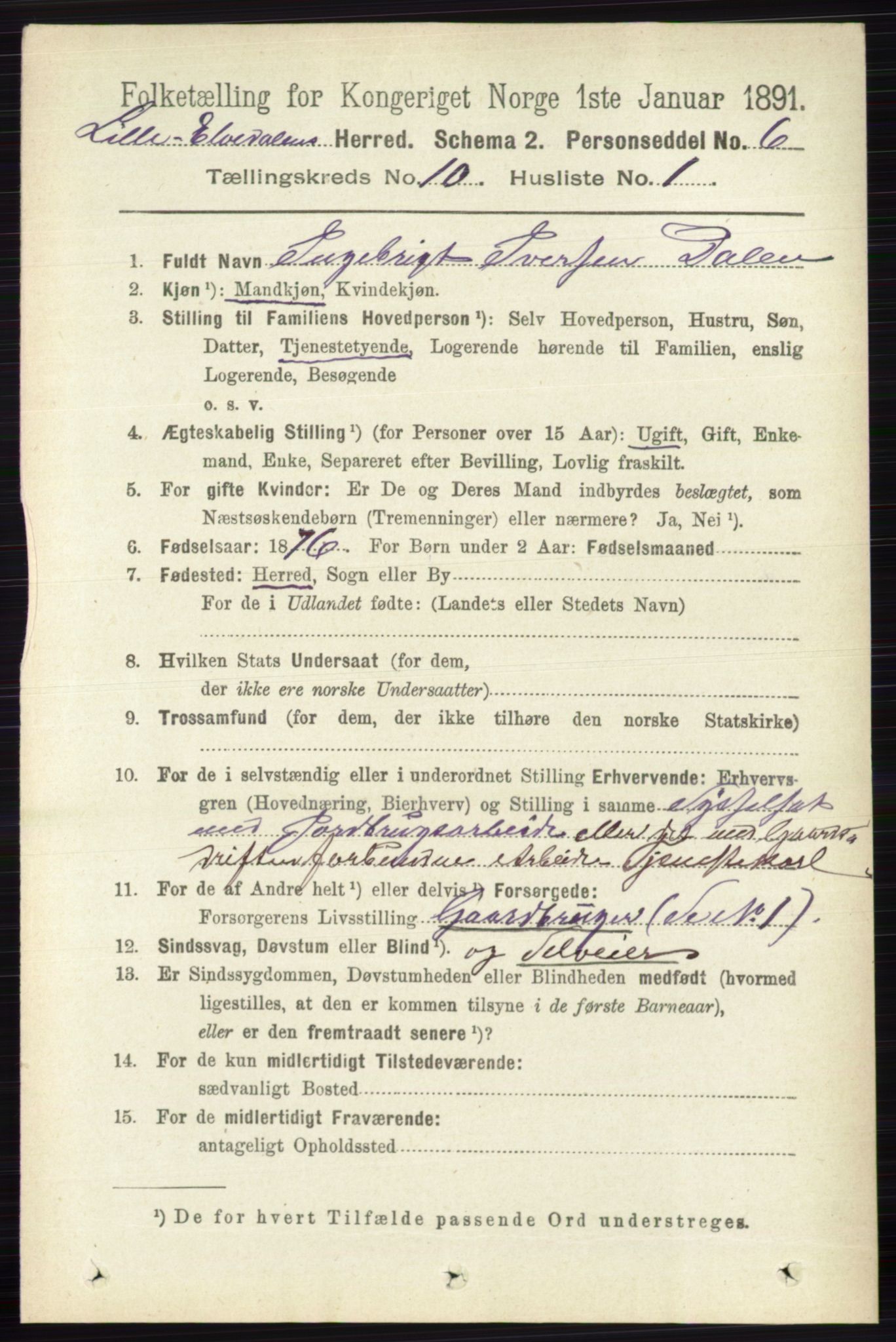 RA, 1891 census for 0438 Lille Elvedalen, 1891, p. 3426