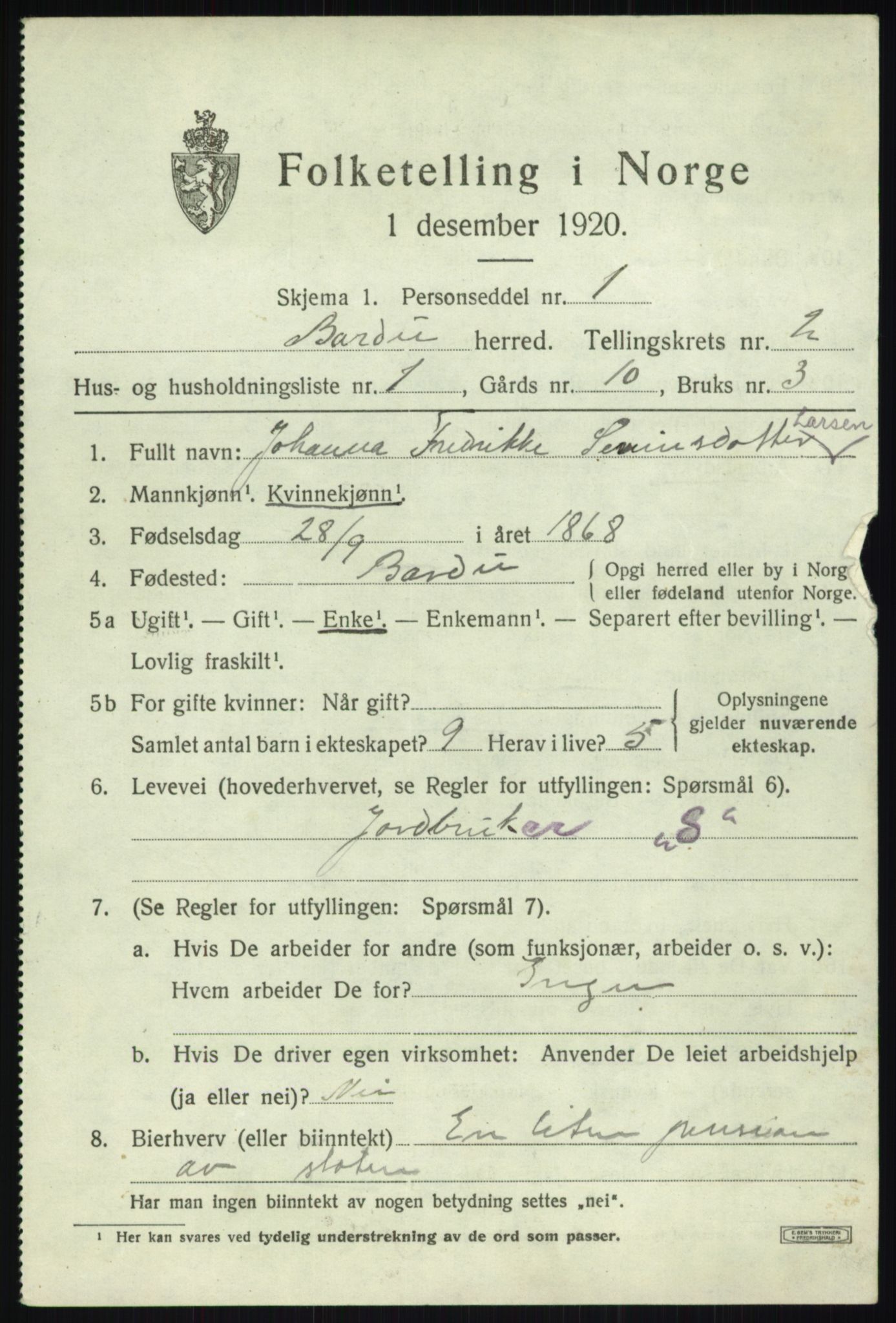 SATØ, 1920 census for Bardu, 1920, p. 946