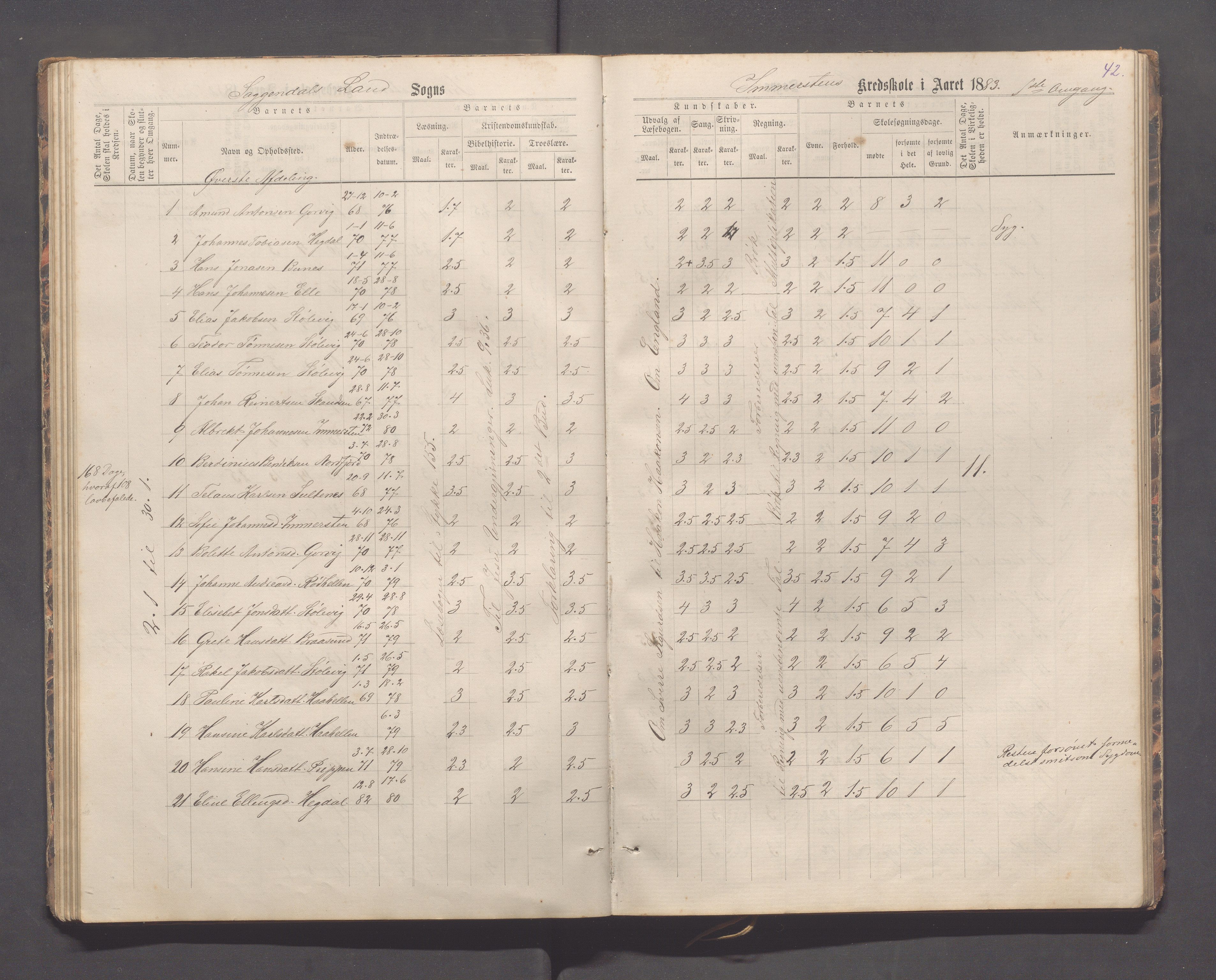 Sokndal kommune- Immerstein skole, IKAR/K-101146/H/L0001: Skoleprotokoll - Immerstein, Drageland, 1878-1886, p. 42