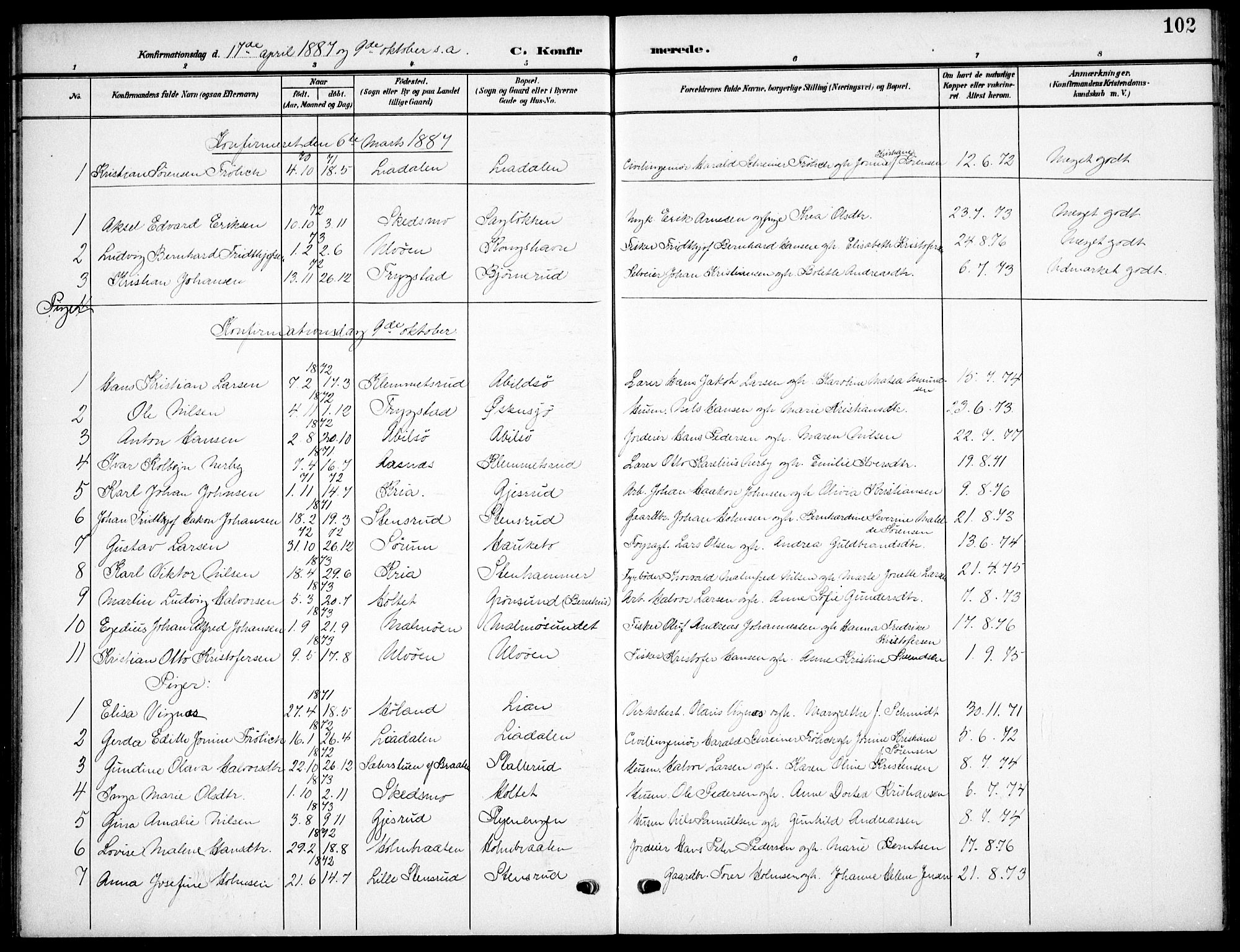 Nordstrand prestekontor Kirkebøker, SAO/A-10362a/F/Fa/L0000: Parish register (official) no. I 0, 1881-1900, p. 102