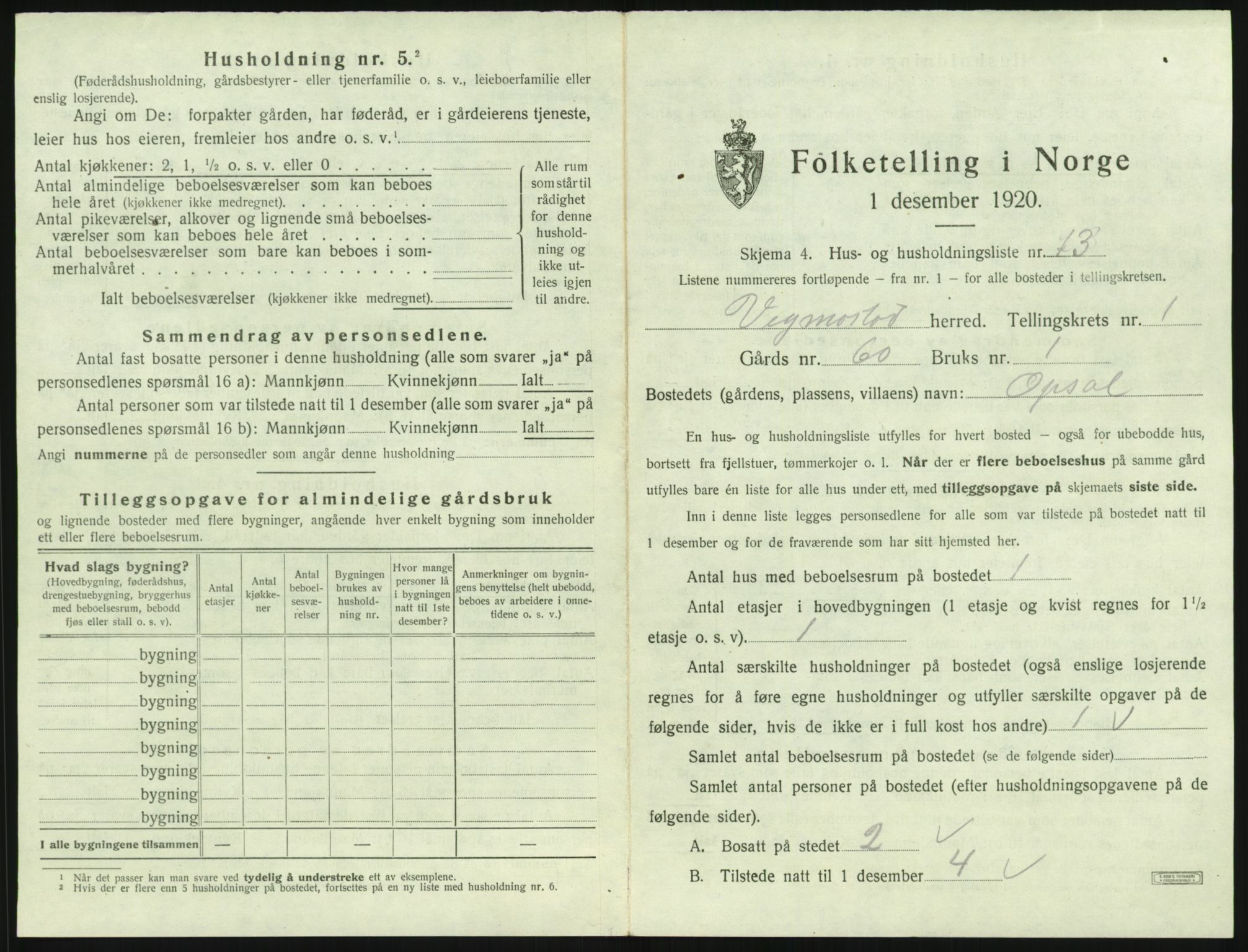 SAK, 1920 census for Vigmostad, 1920, p. 57