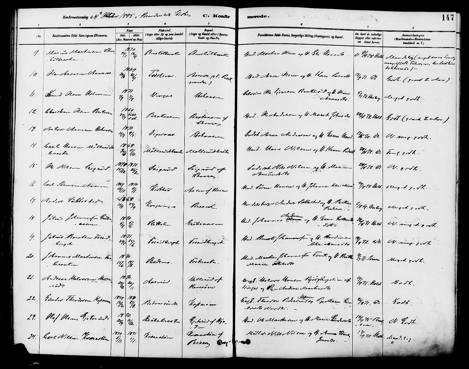 Brandval prestekontor, AV/SAH-PREST-034/H/Ha/Haa/L0002: Parish register (official) no. 2, 1880-1894, p. 147