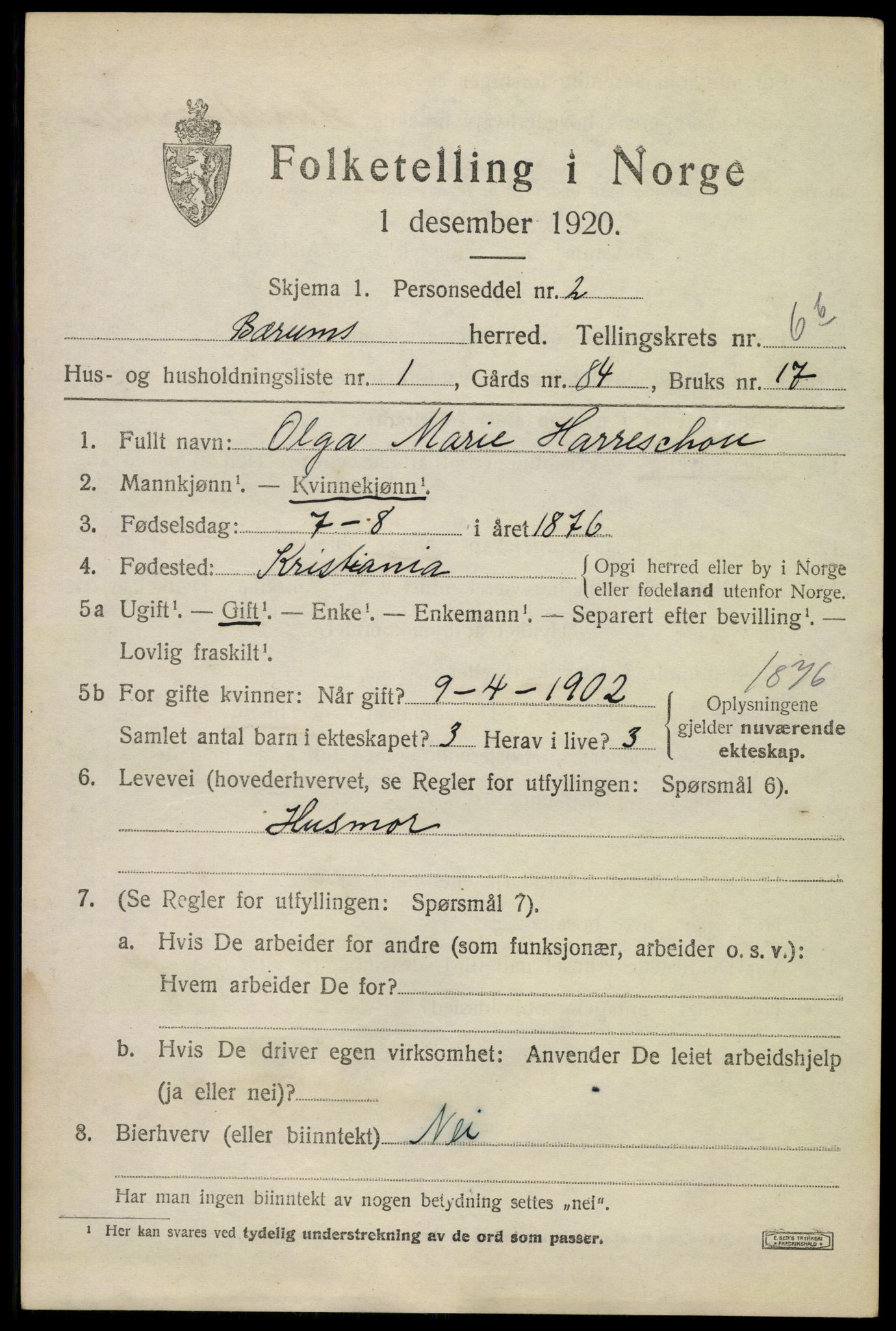 SAO, 1920 census for Bærum, 1920, p. 13994