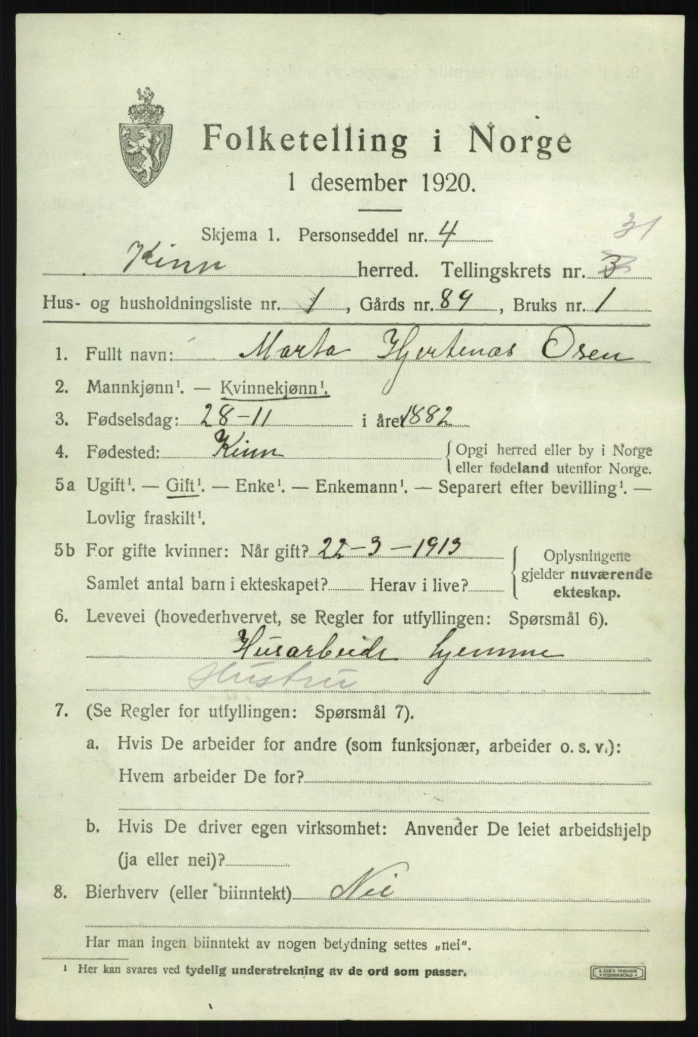 SAB, 1920 census for Kinn, 1920, p. 10645