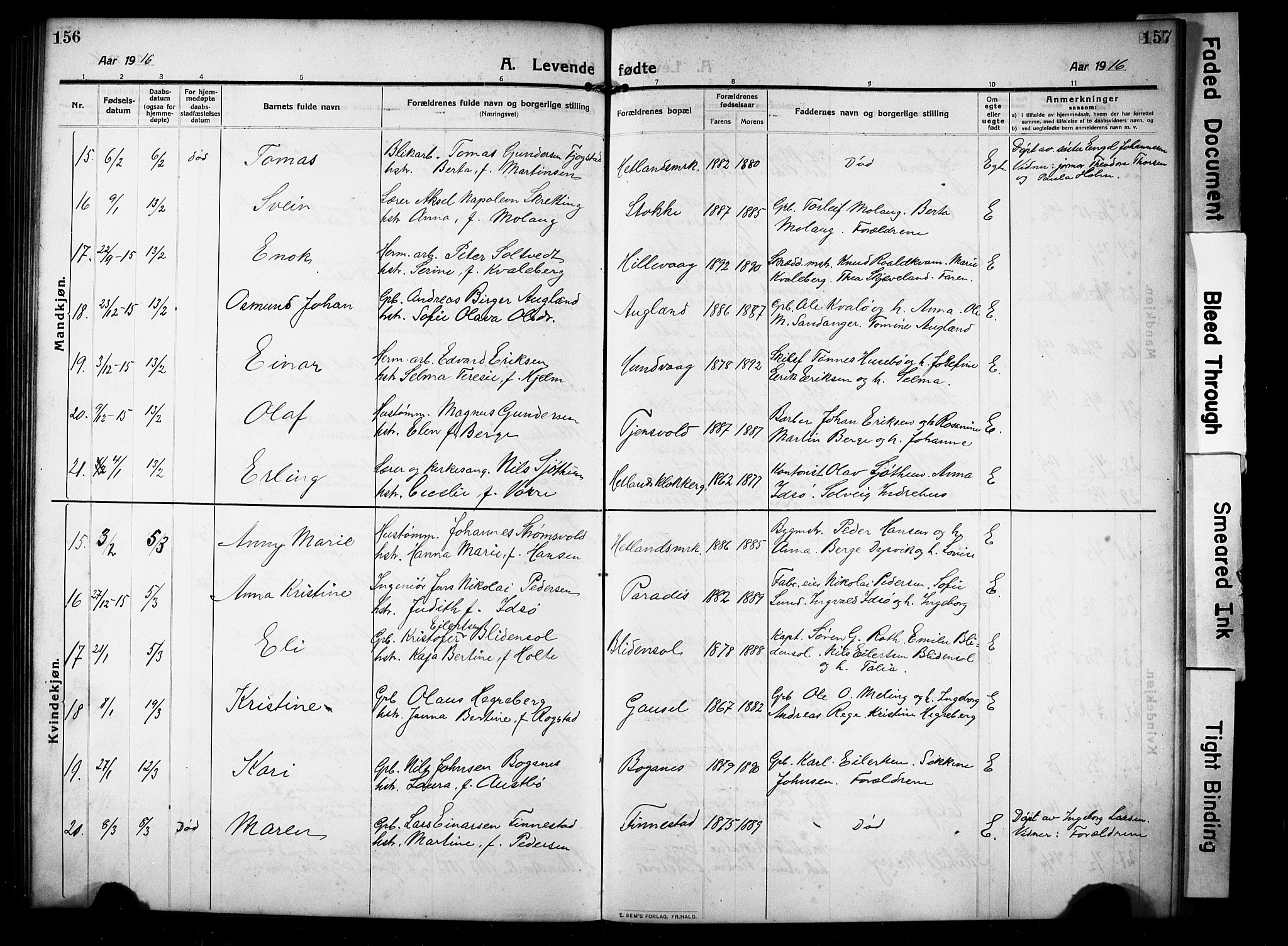 Hetland sokneprestkontor, AV/SAST-A-101826/30/30BB/L0008: Parish register (copy) no. B 8, 1910-1921, p. 156-157