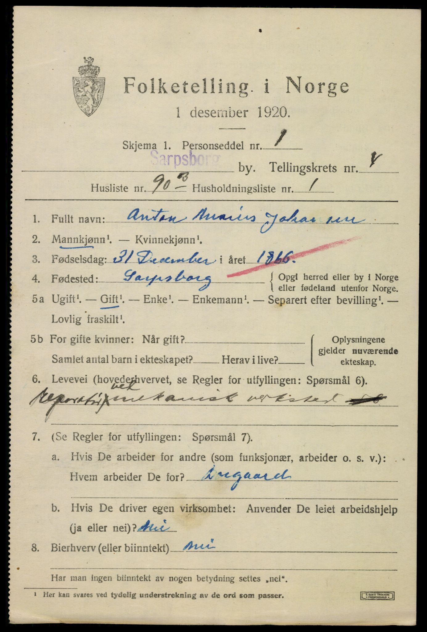 SAO, 1920 census for Sarpsborg, 1920, p. 13424