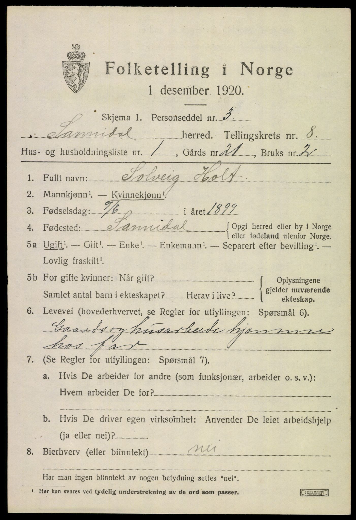 SAKO, 1920 census for Sannidal, 1920, p. 5389