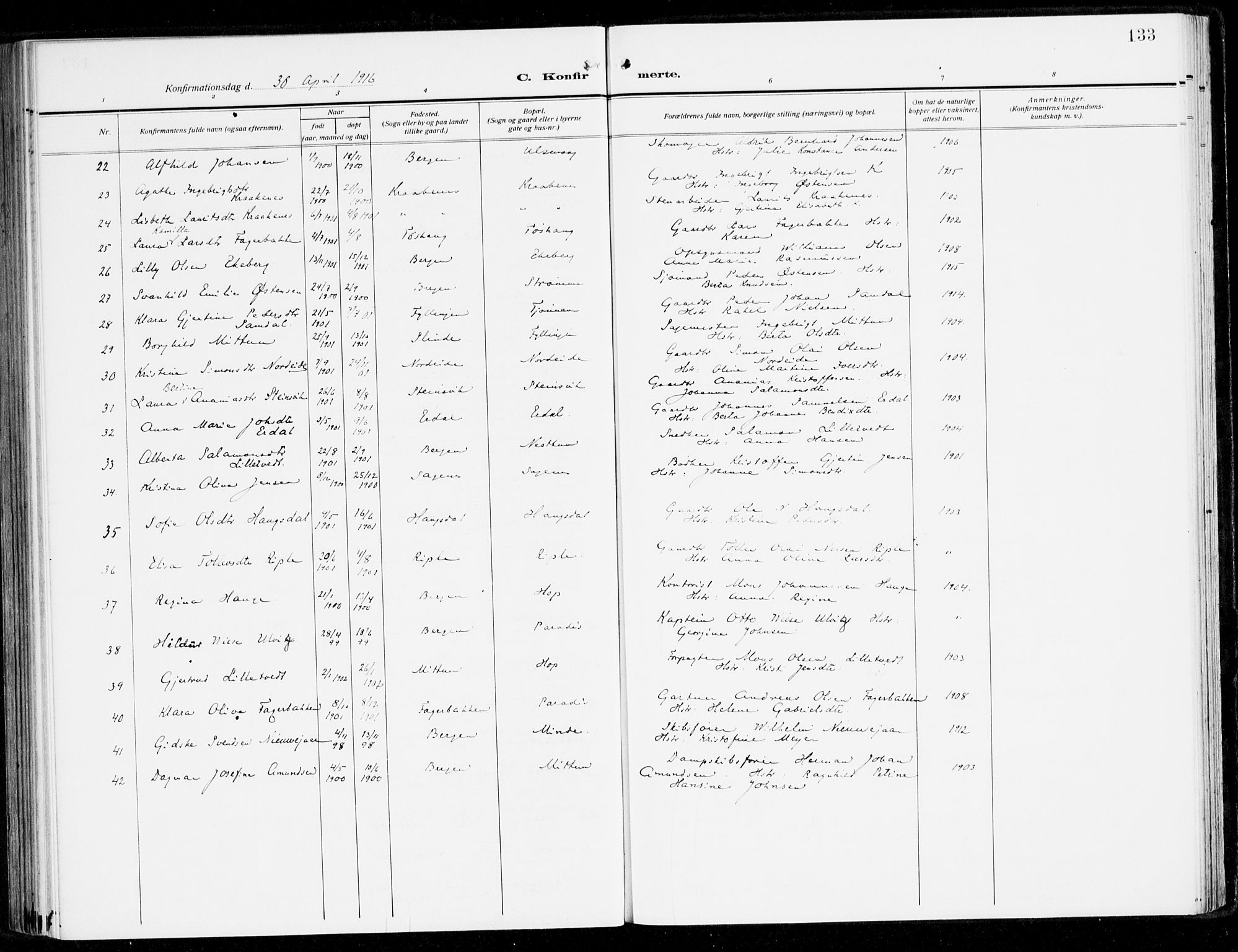 Fana Sokneprestembete, AV/SAB-A-75101/H/Haa/Haai/L0004: Parish register (official) no. I 4, 1912-1933, p. 133