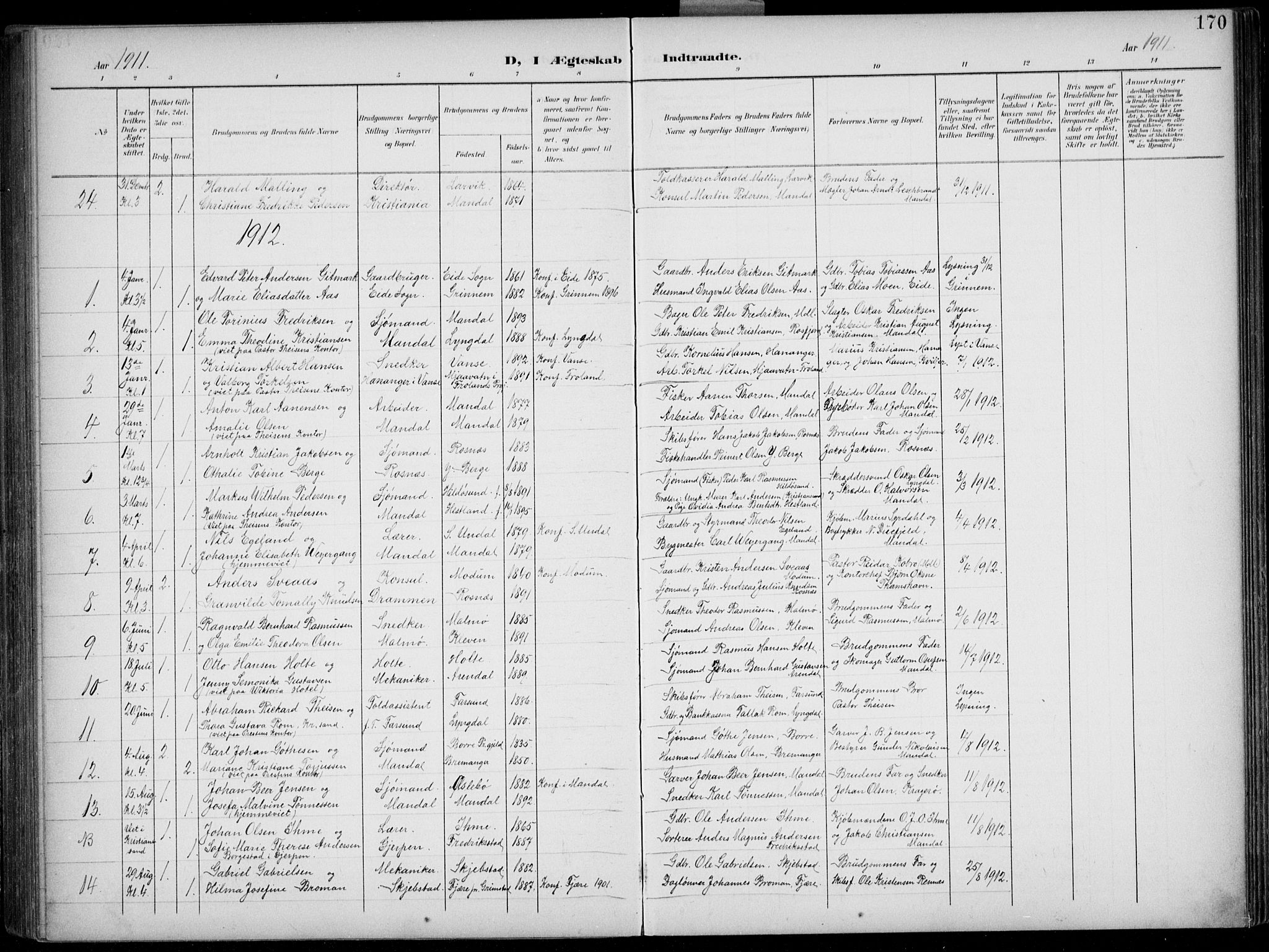 Mandal sokneprestkontor, SAK/1111-0030/F/Fb/Fba/L0012: Parish register (copy) no. B 6, 1899-1918, p. 170