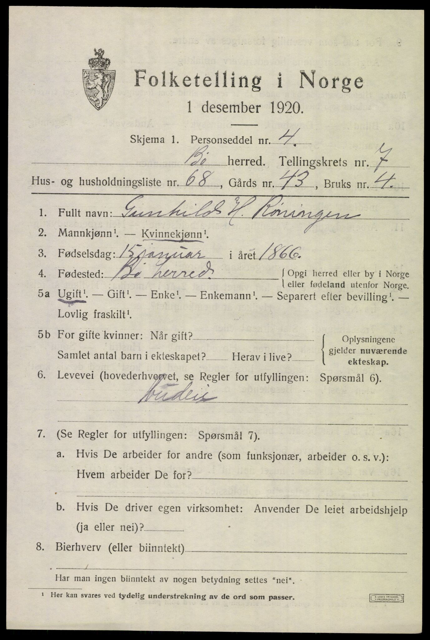 SAKO, 1920 census for Bø (Telemark), 1920, p. 5760