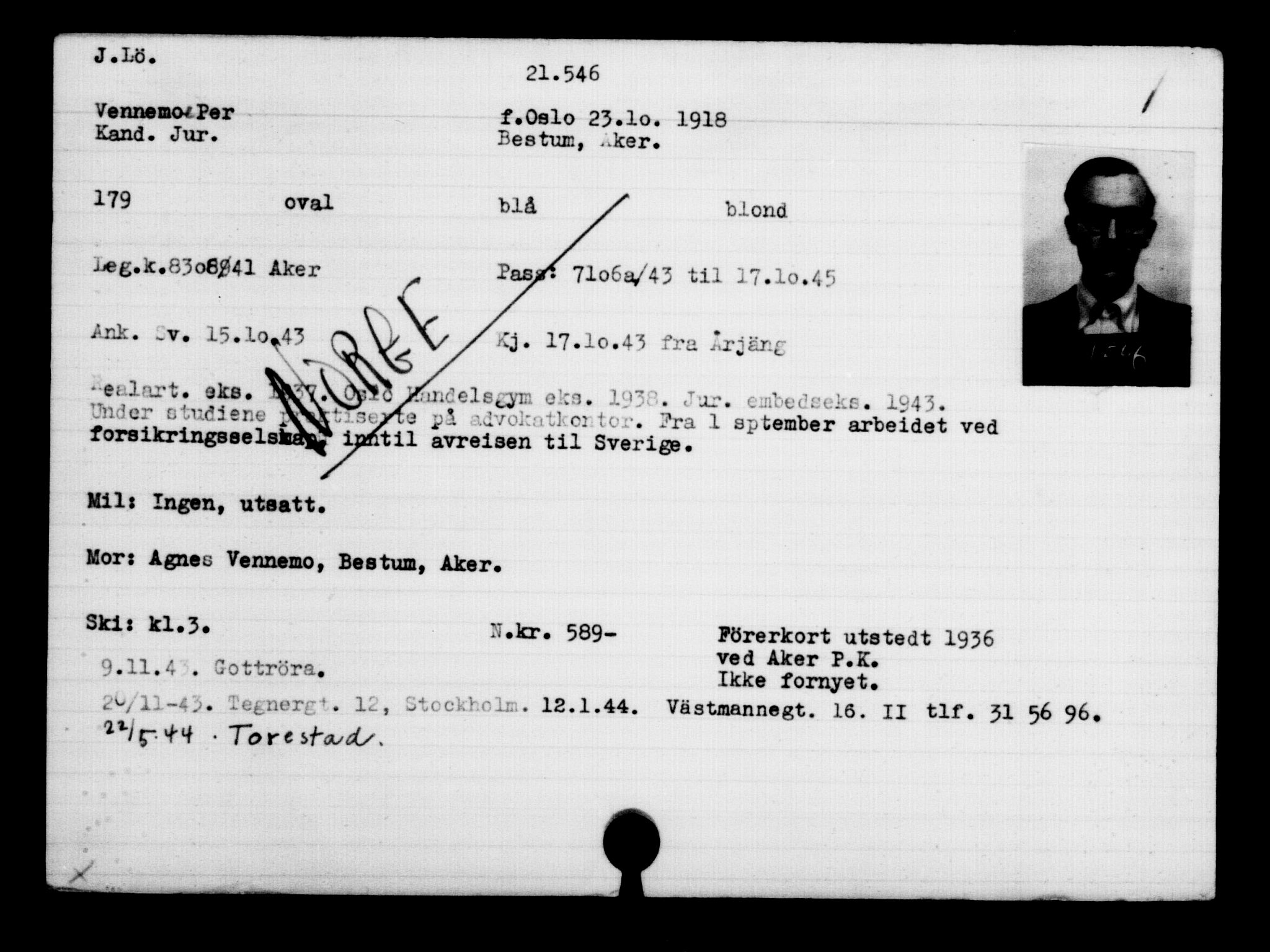 Utenriksstasjonene, Legasjonen i Stockholm, Flyktningkontoret, AV/RA-S-6753/V/Va/L0009: Kjesäterkartoteket, flyktninger med registreringsnr. 18502-22048, 1940-1945, p. 2568