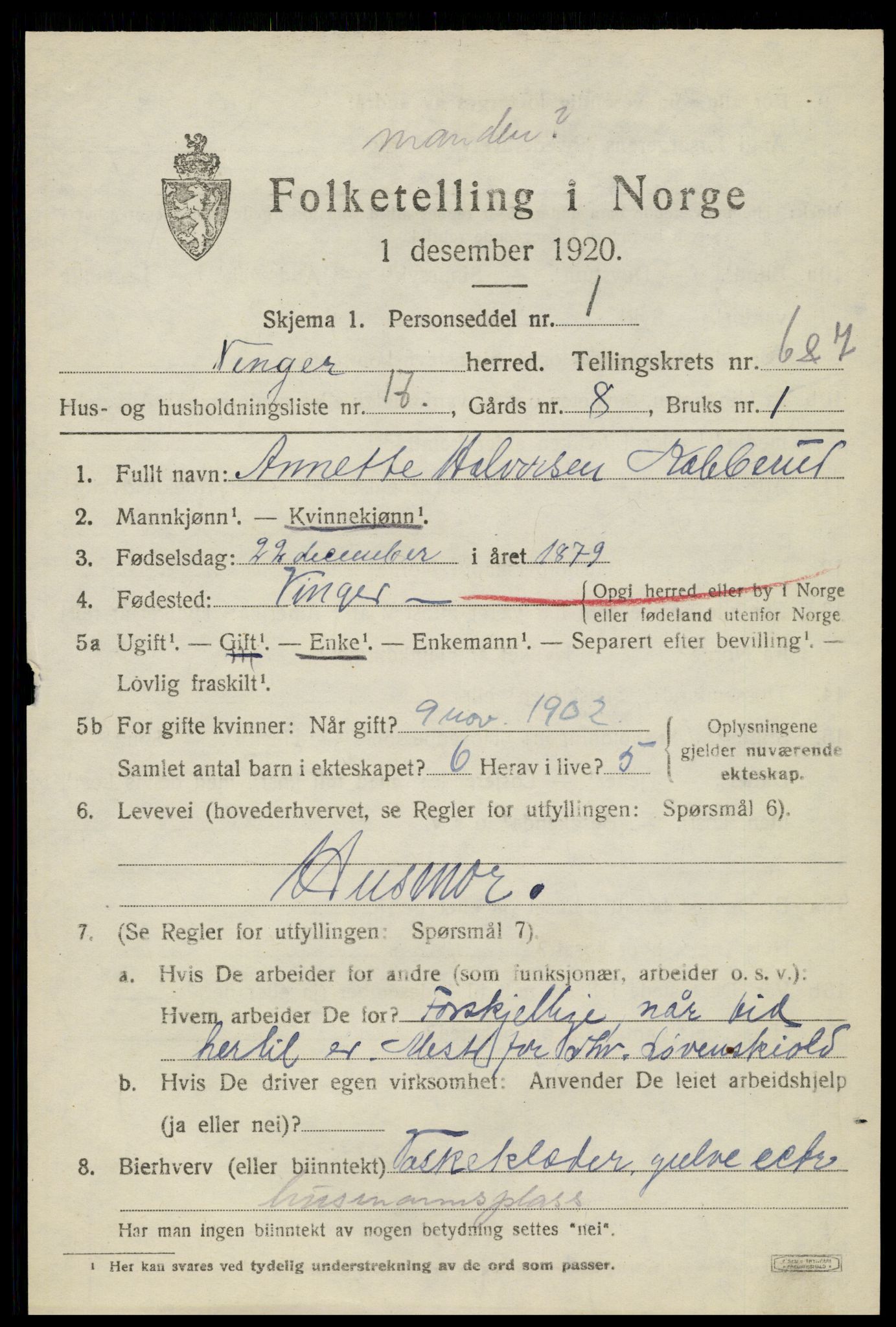 SAH, 1920 census for Vinger, 1920, p. 6192