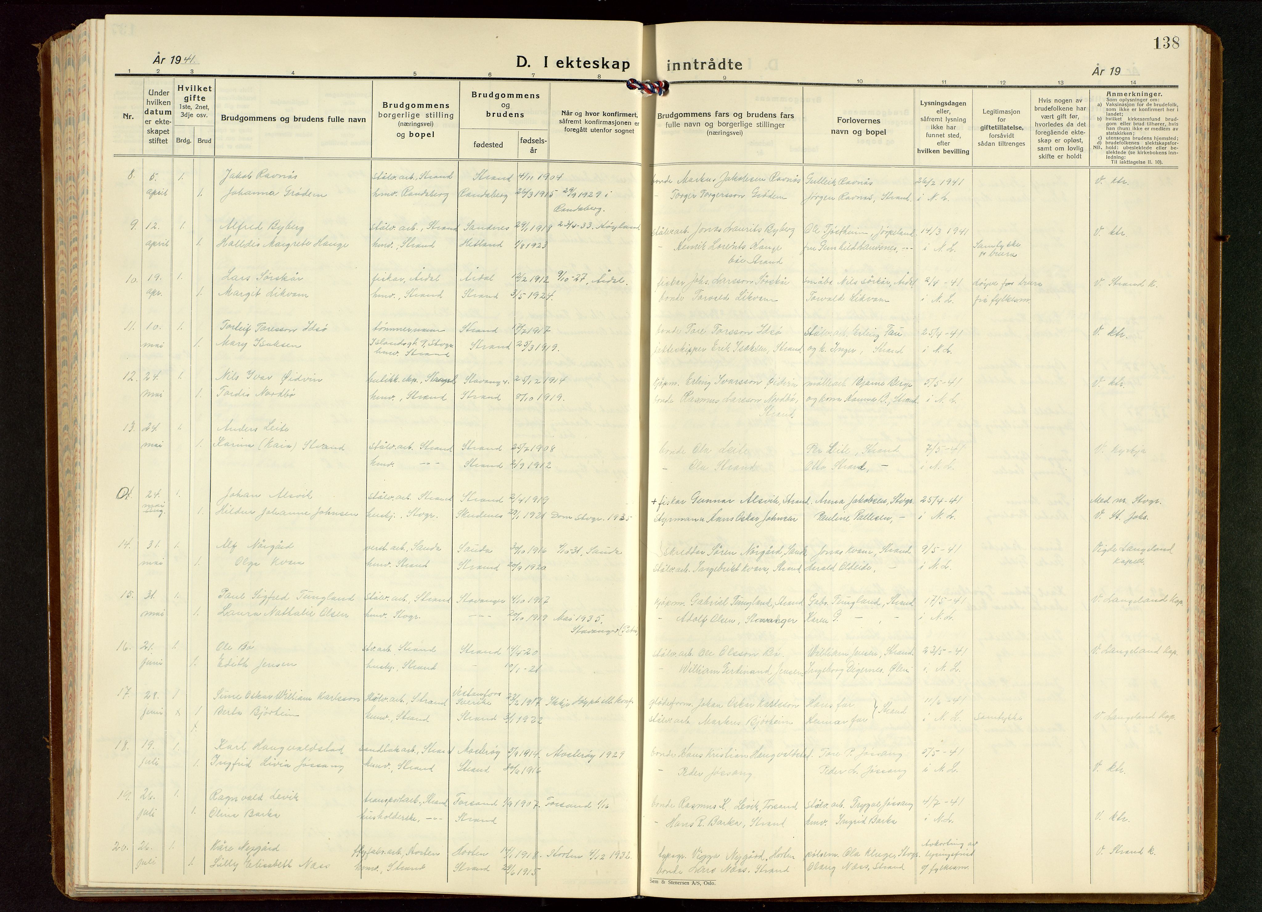 Strand sokneprestkontor, SAST/A-101828/H/Ha/Hab/L0006: Parish register (copy) no. B 6, 1933-1950, p. 138