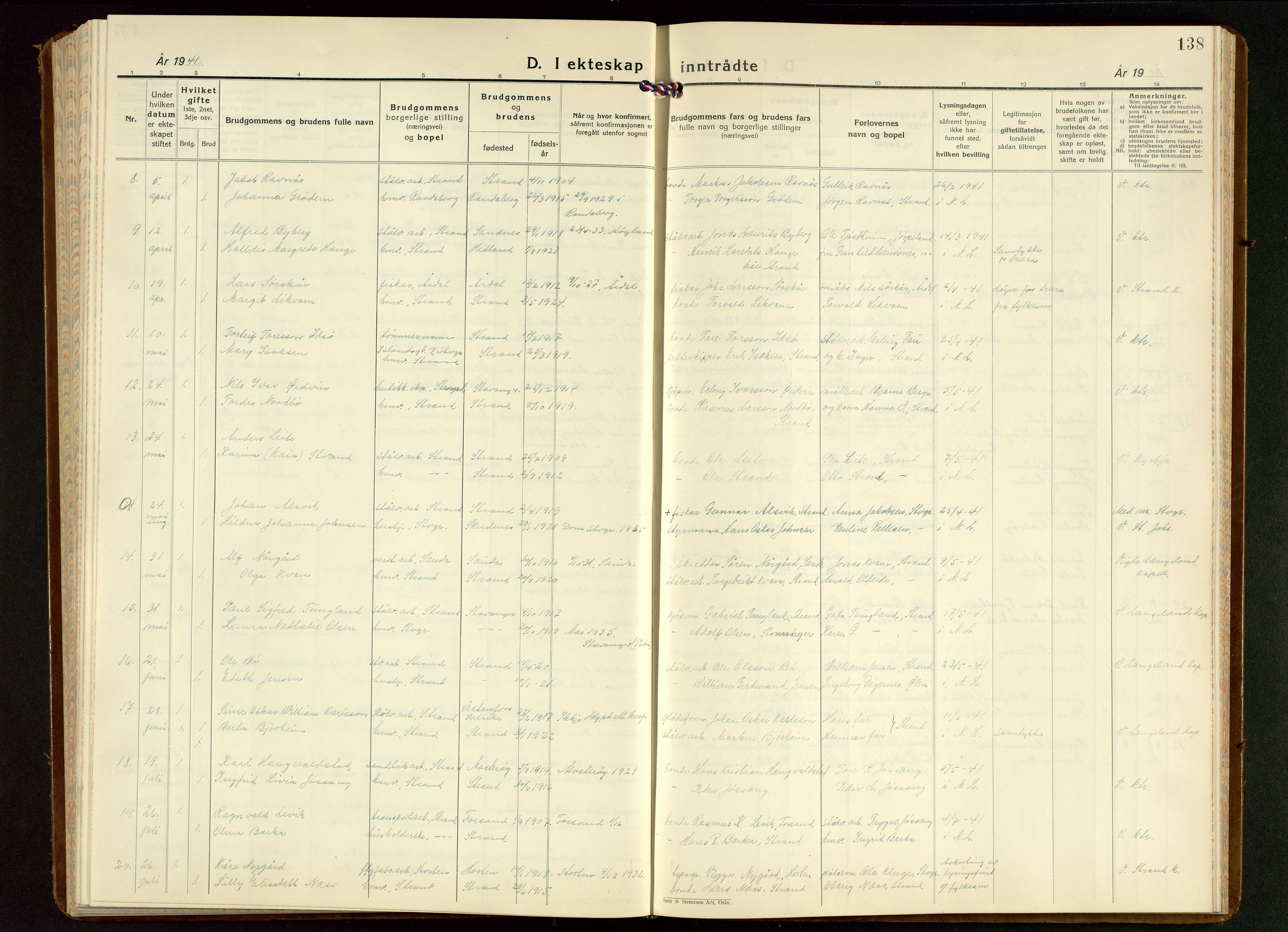 Strand sokneprestkontor, AV/SAST-A-101828/H/Ha/Hab/L0006: Parish register (copy) no. B 6, 1933-1950, p. 138