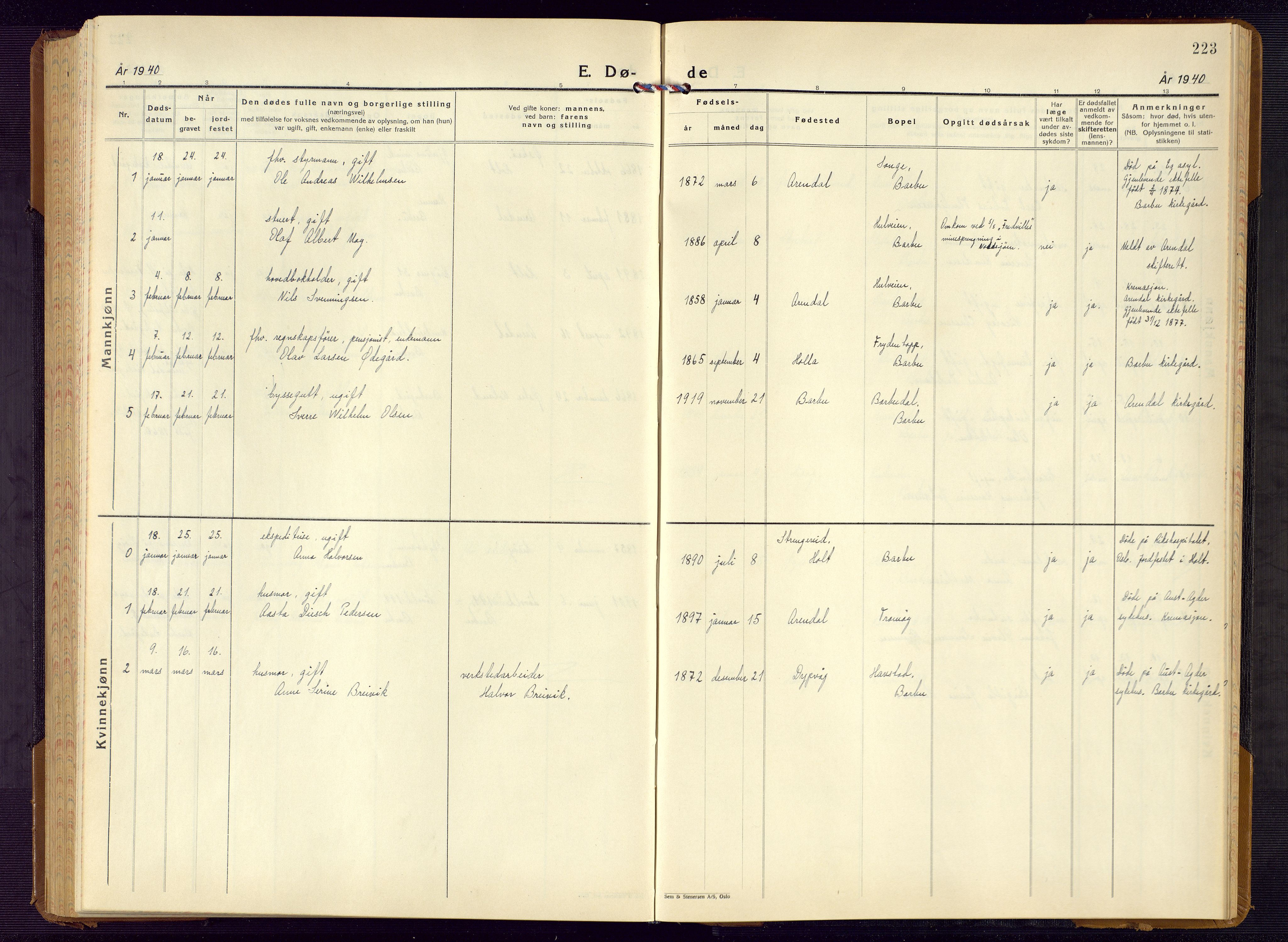 Barbu sokneprestkontor, SAK/1111-0003/F/Fb/L0006: Parish register (copy) no. B 6, 1937-1947, p. 223