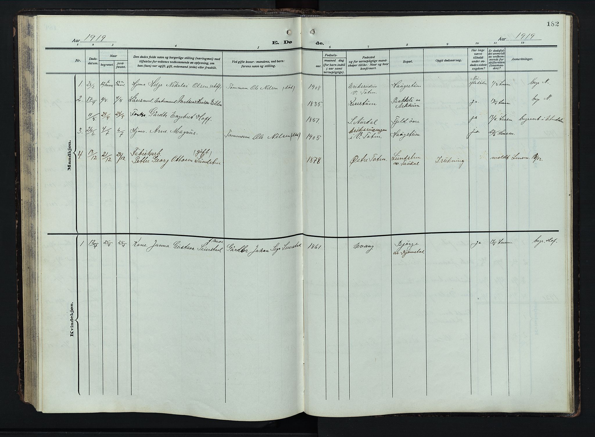 Østre Toten prestekontor, AV/SAH-PREST-104/H/Ha/Hab/L0009: Parish register (copy) no. 9, 1908-1956, p. 182