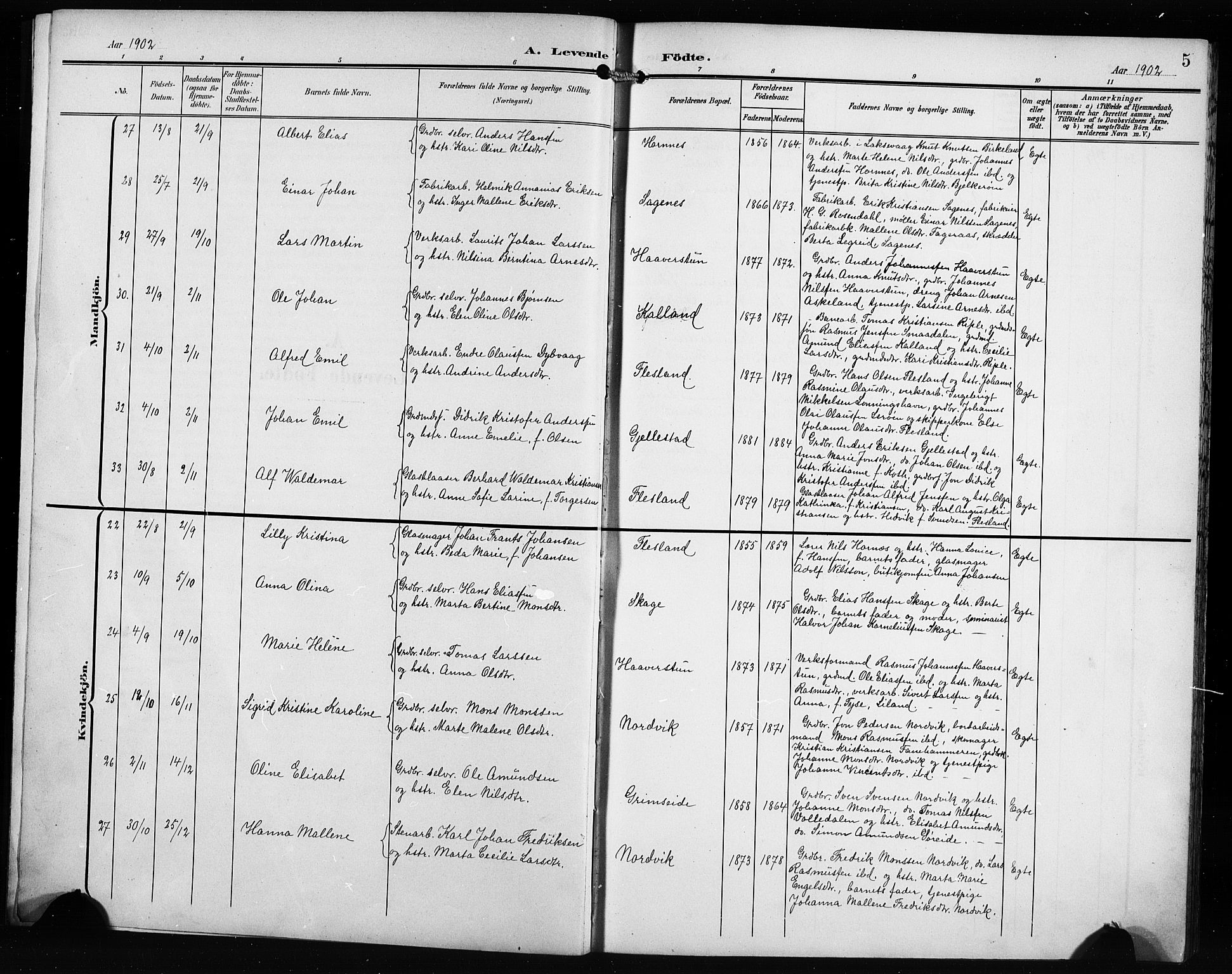 Fana Sokneprestembete, AV/SAB-A-75101/H/Hab/Haba/L0004: Parish register (copy) no. A 4, 1902-1912, p. 5