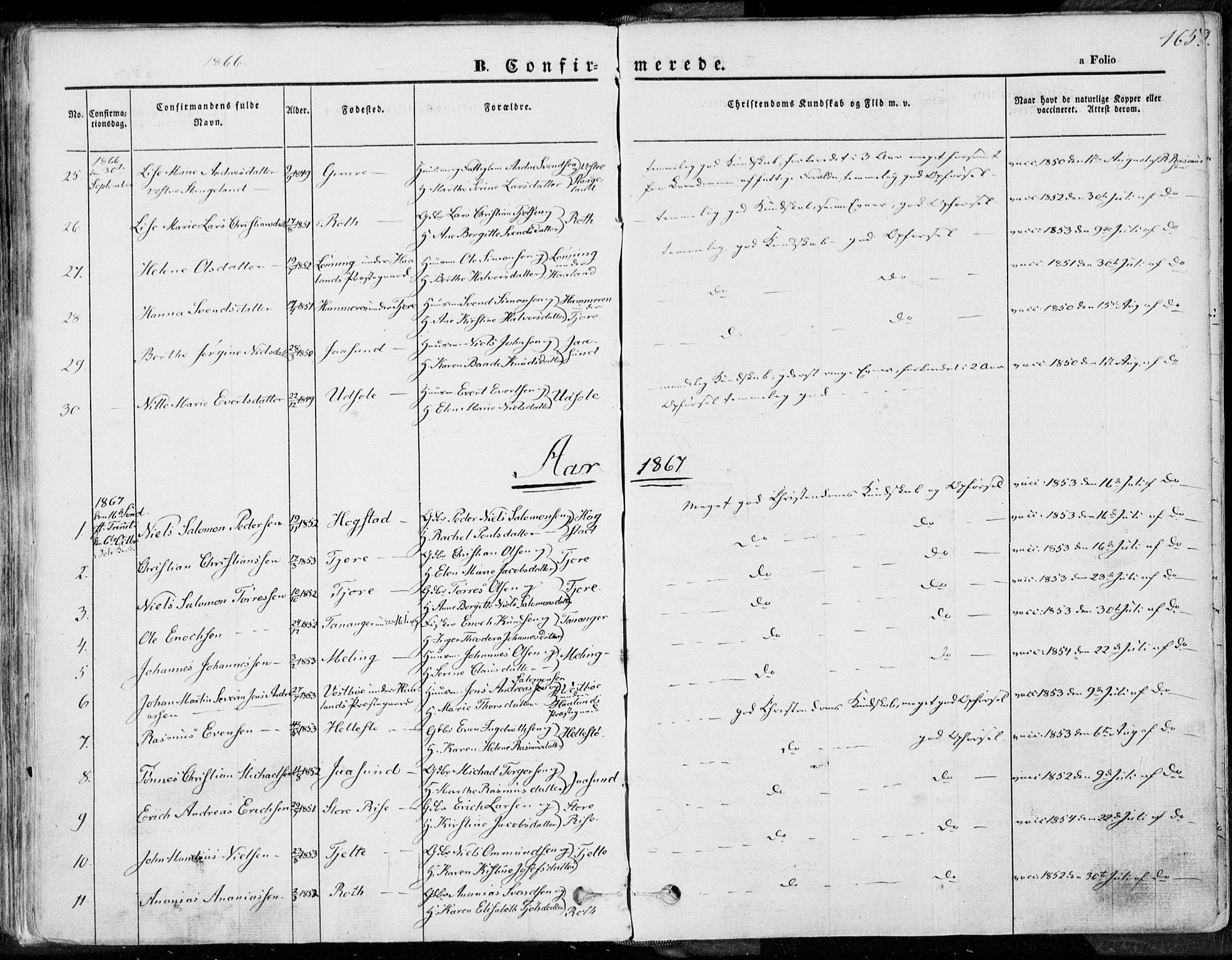 Håland sokneprestkontor, SAST/A-101802/001/30BA/L0007: Parish register (official) no. A 7.1, 1854-1870, p. 165