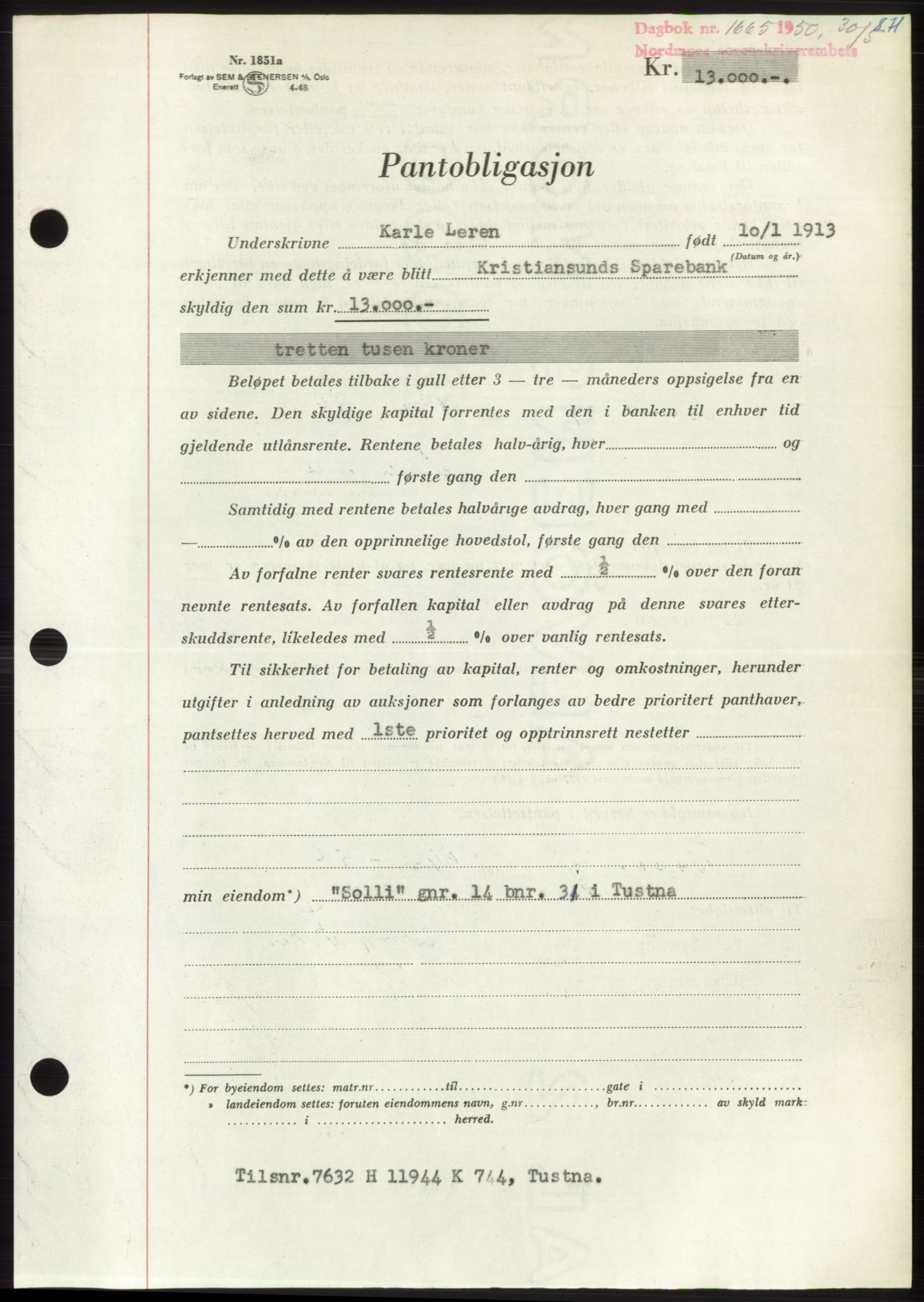 Nordmøre sorenskriveri, AV/SAT-A-4132/1/2/2Ca: Mortgage book no. B104, 1950-1950, Diary no: : 1665/1950