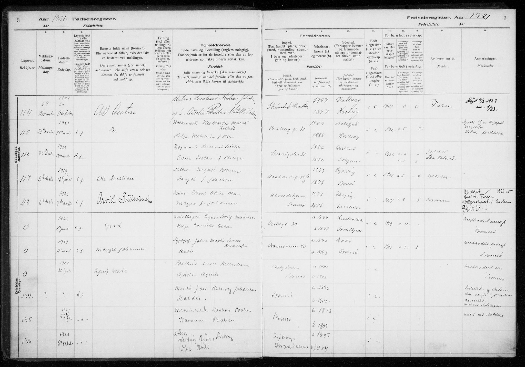 Tromsø sokneprestkontor/stiftsprosti/domprosti, AV/SATØ-S-1343/H/Ha/L0132: Birth register no. 132, 1921-1927, p. 3