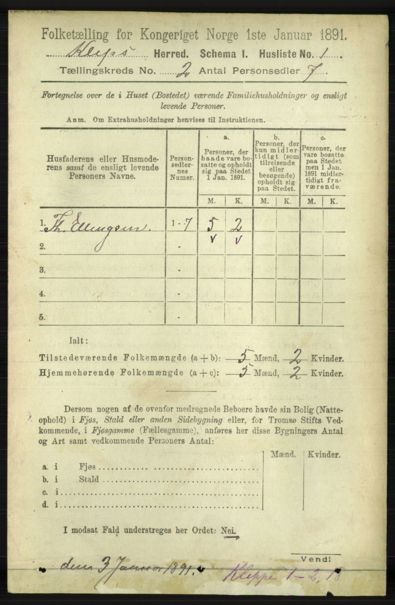 RA, 1891 census for 1120 Klepp, 1891, p. 309