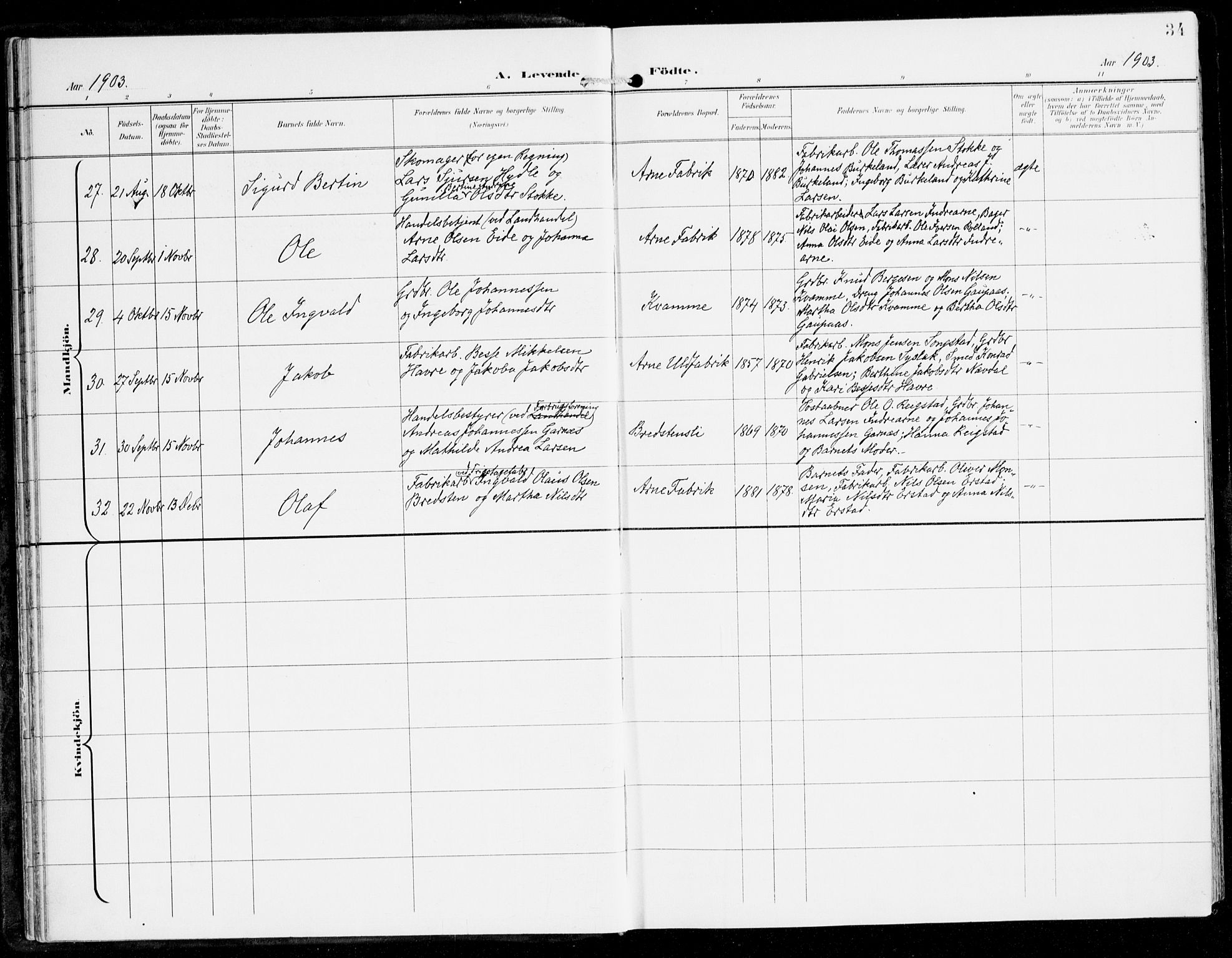 Haus sokneprestembete, AV/SAB-A-75601/H/Haa: Parish register (official) no. D 2, 1899-1912, p. 34