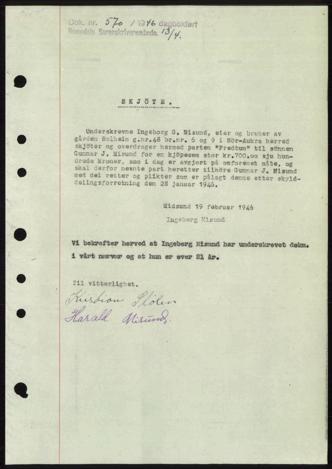 Romsdal sorenskriveri, SAT/A-4149/1/2/2C: Mortgage book no. A19, 1946-1946, Diary no: : 570/1946