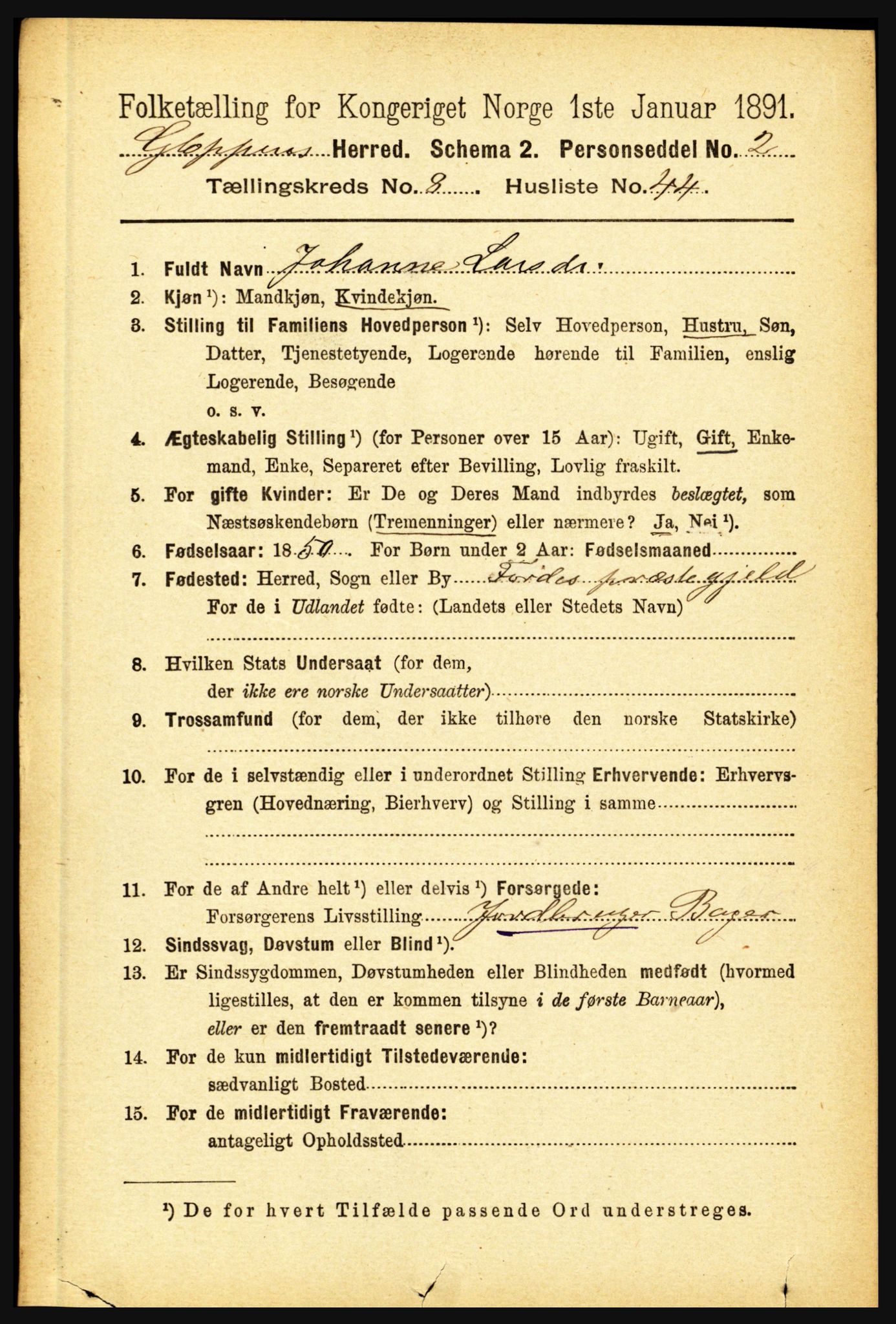 RA, 1891 census for 1445 Gloppen, 1891, p. 3447