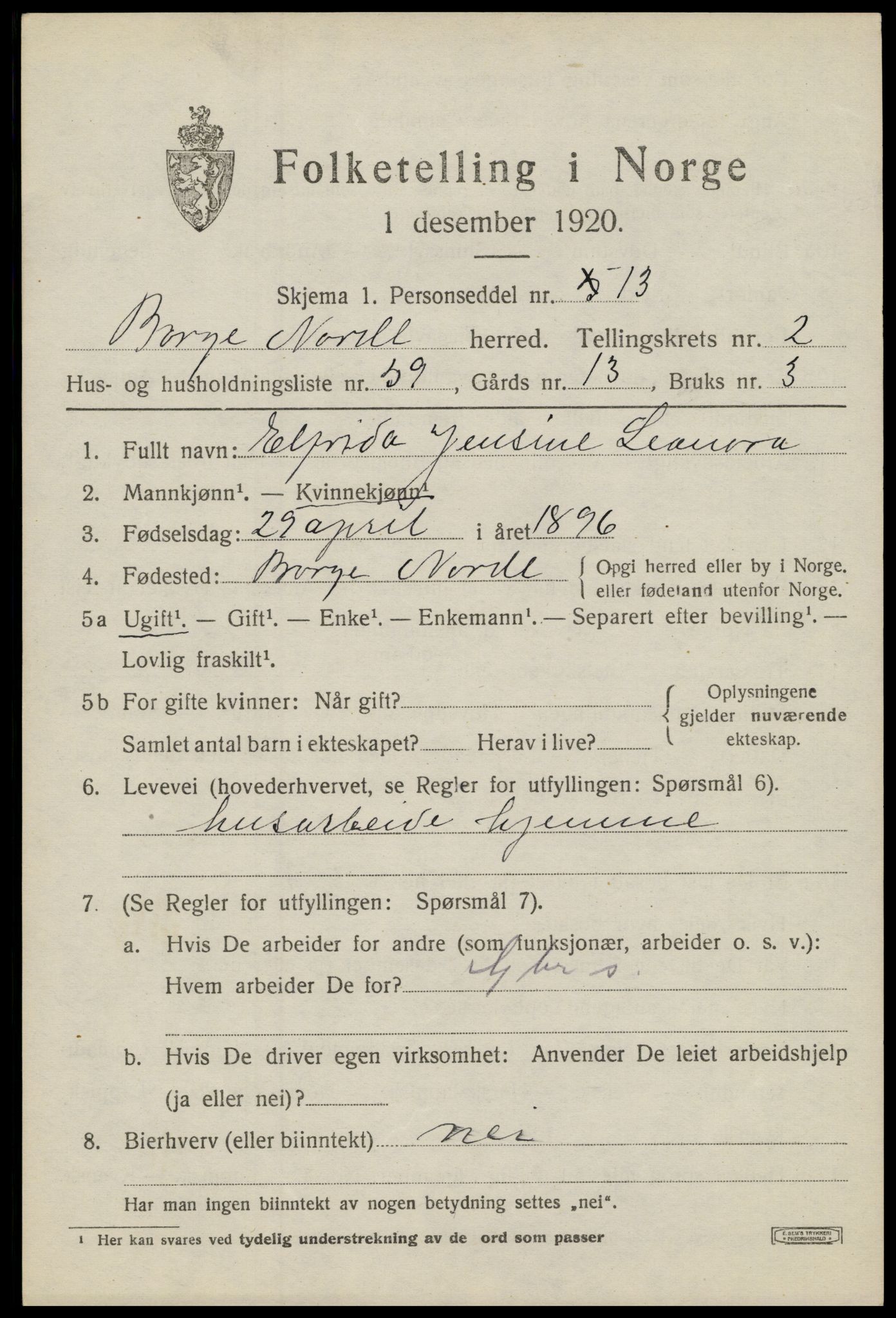 SAT, 1920 census for Borge, 1920, p. 3065