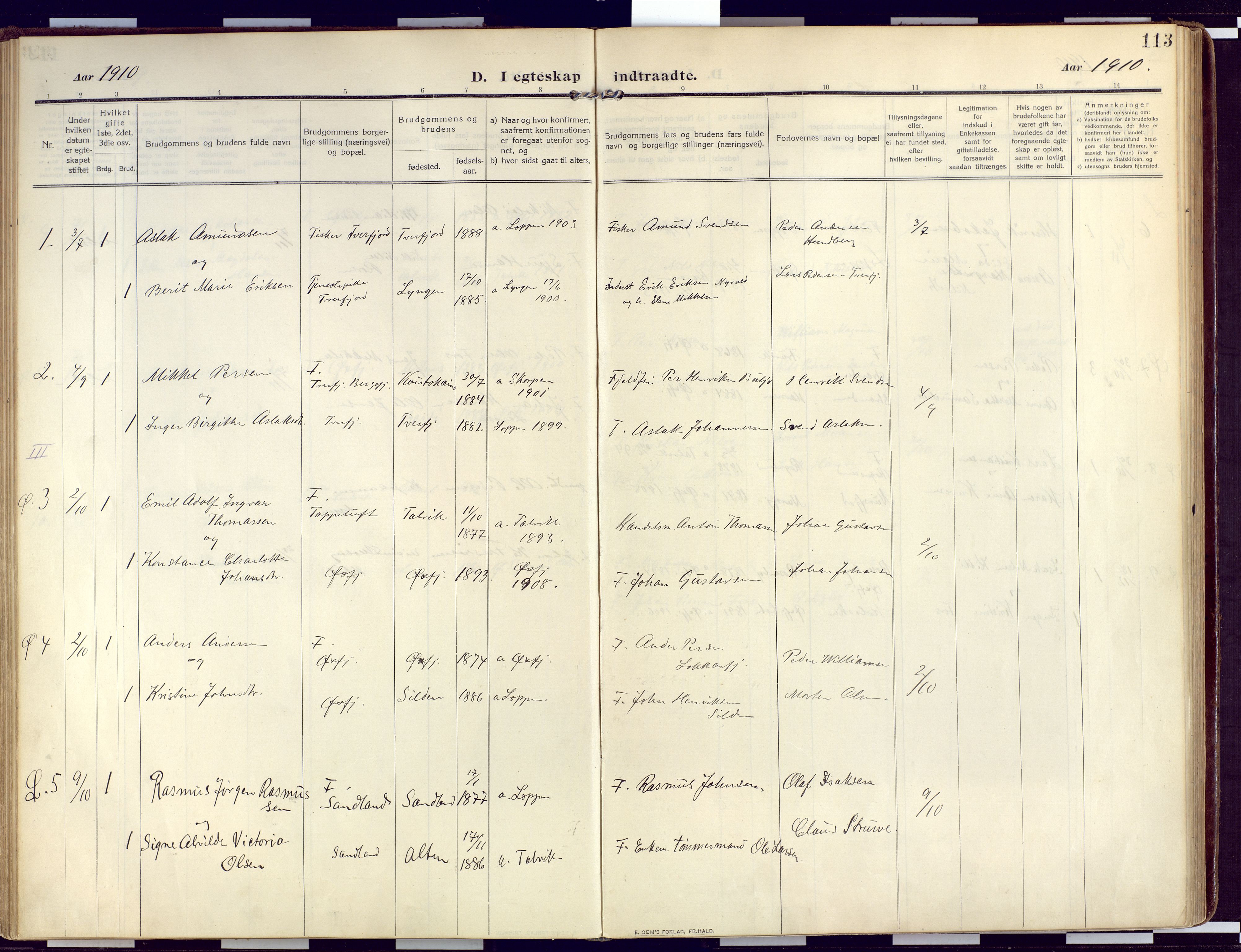 Loppa sokneprestkontor, SATØ/S-1339/H/Ha/L0011kirke: Parish register (official) no. 11, 1909-1919, p. 113