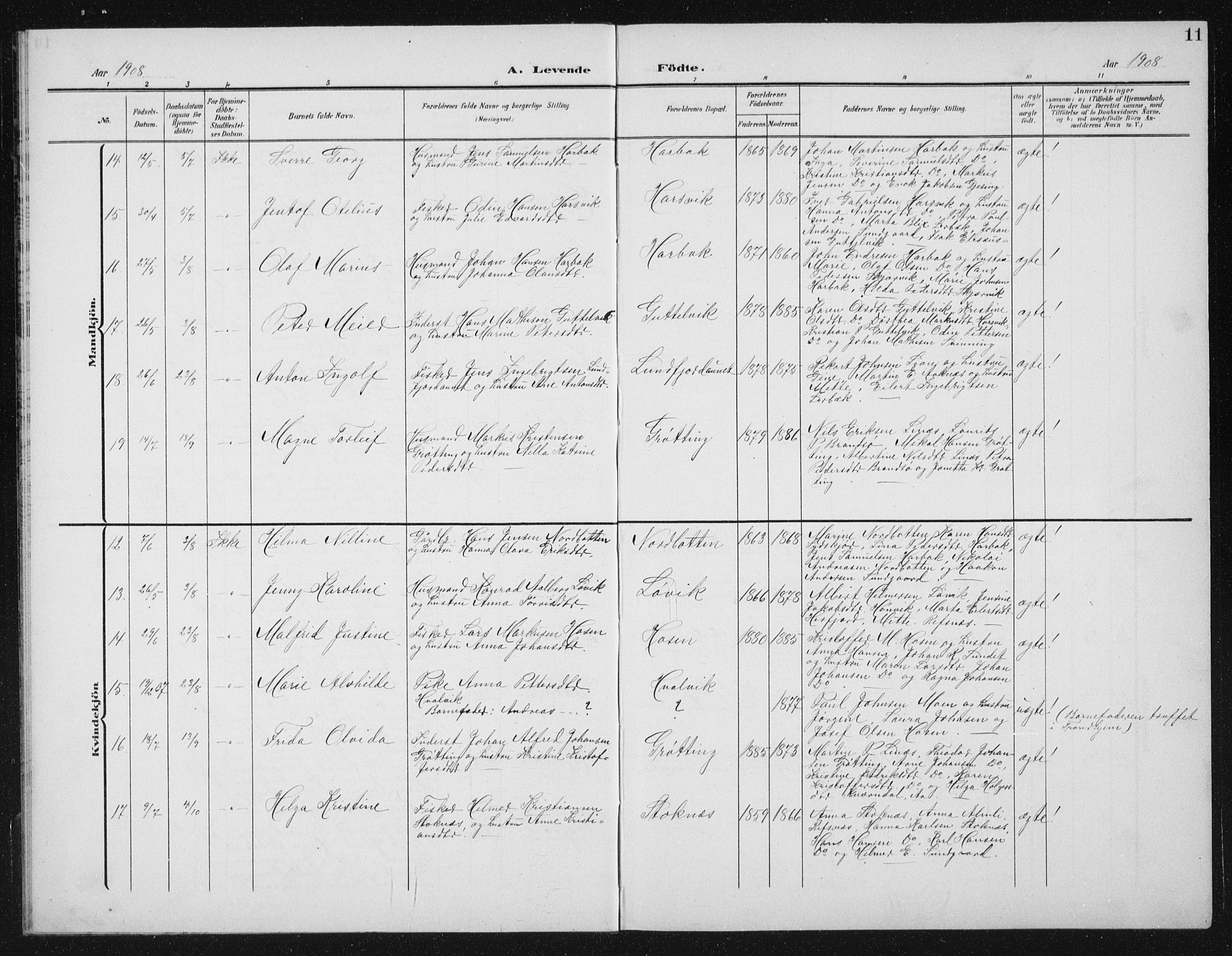Ministerialprotokoller, klokkerbøker og fødselsregistre - Sør-Trøndelag, SAT/A-1456/656/L0699: Parish register (copy) no. 656C05, 1905-1920, p. 11