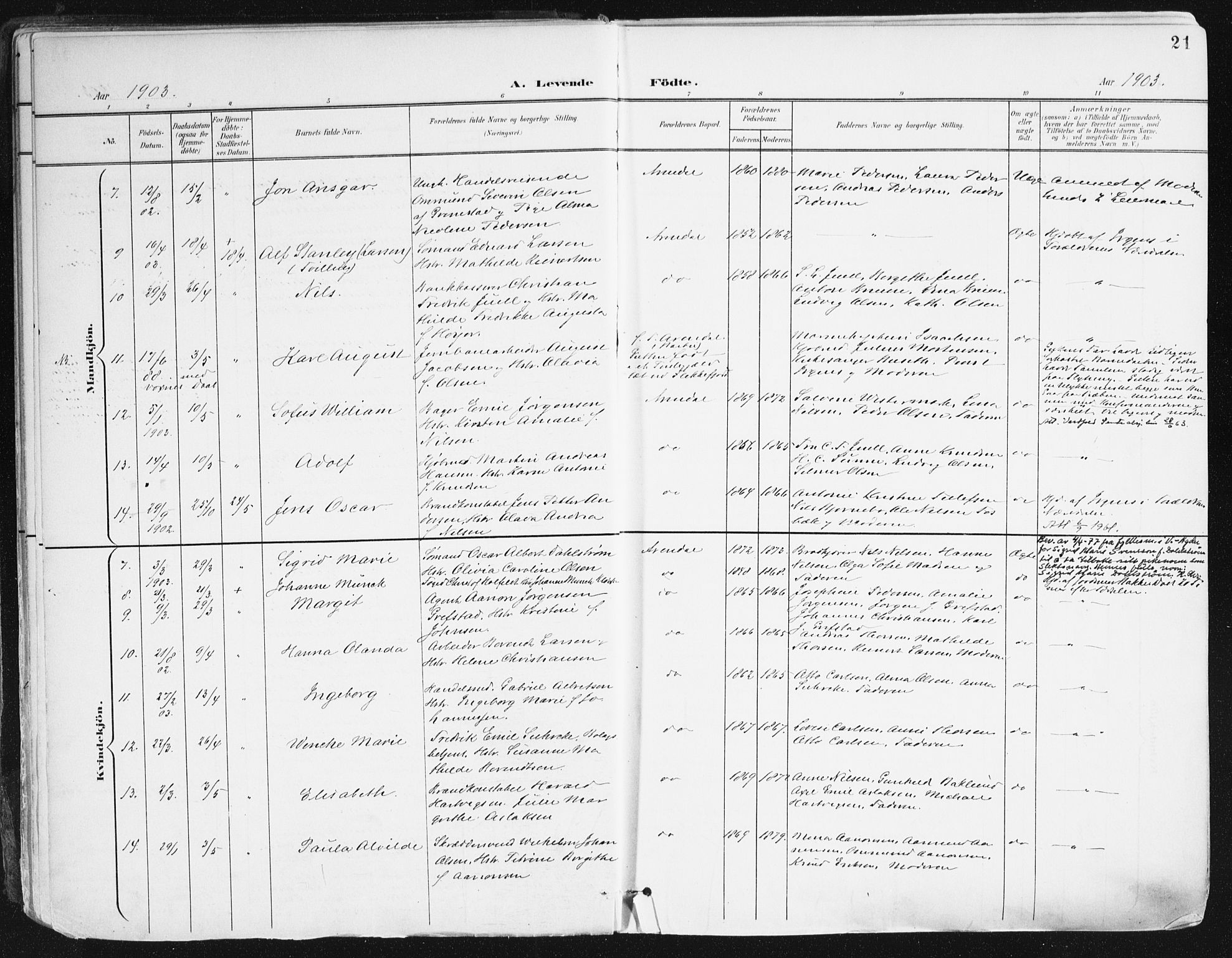 Arendal sokneprestkontor, Trefoldighet, AV/SAK-1111-0040/F/Fa/L0010: Parish register (official) no. A 10, 1900-1919, p. 21