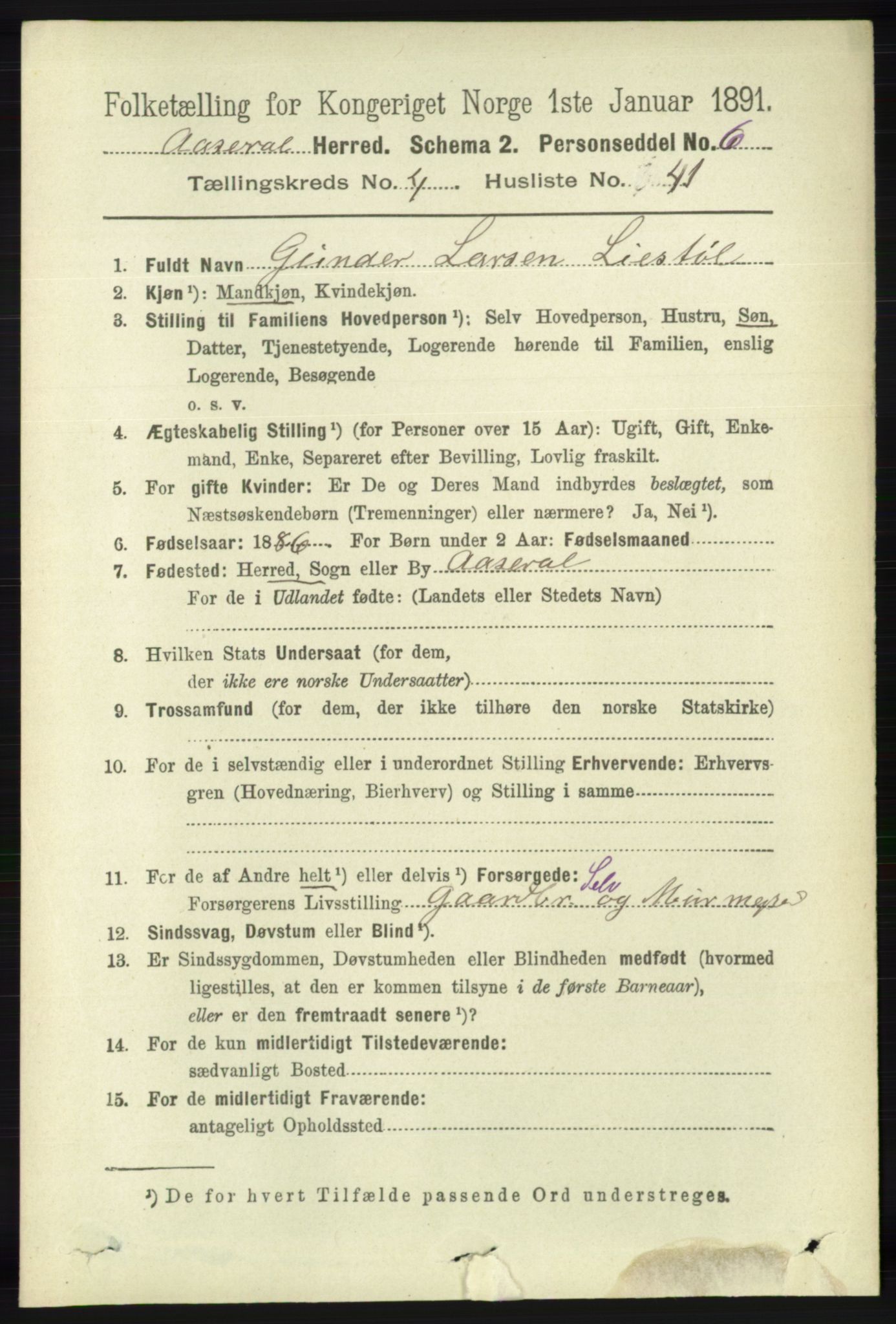 RA, 1891 census for 1026 Åseral, 1891, p. 1413