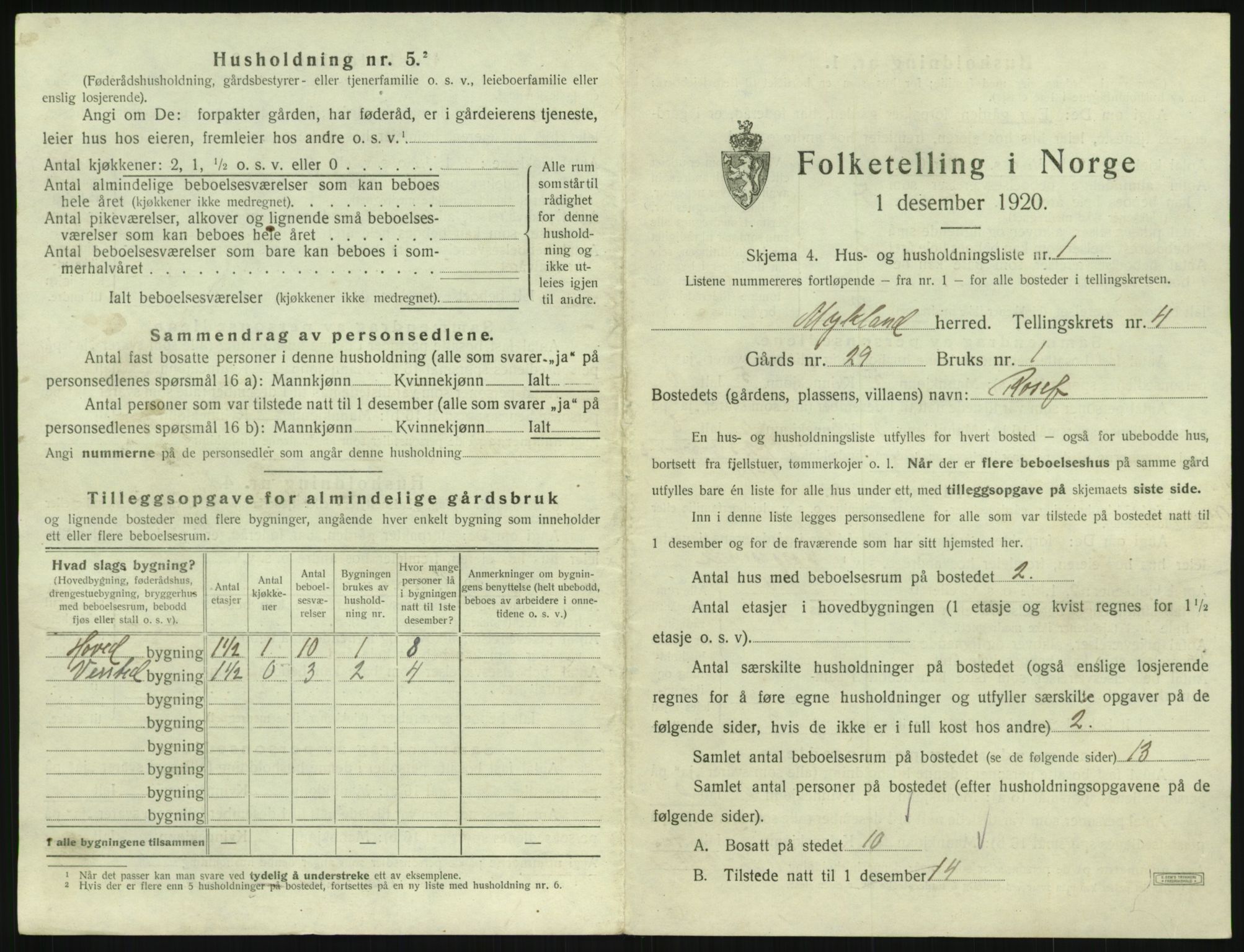 SAK, 1920 census for Mykland, 1920, p. 192