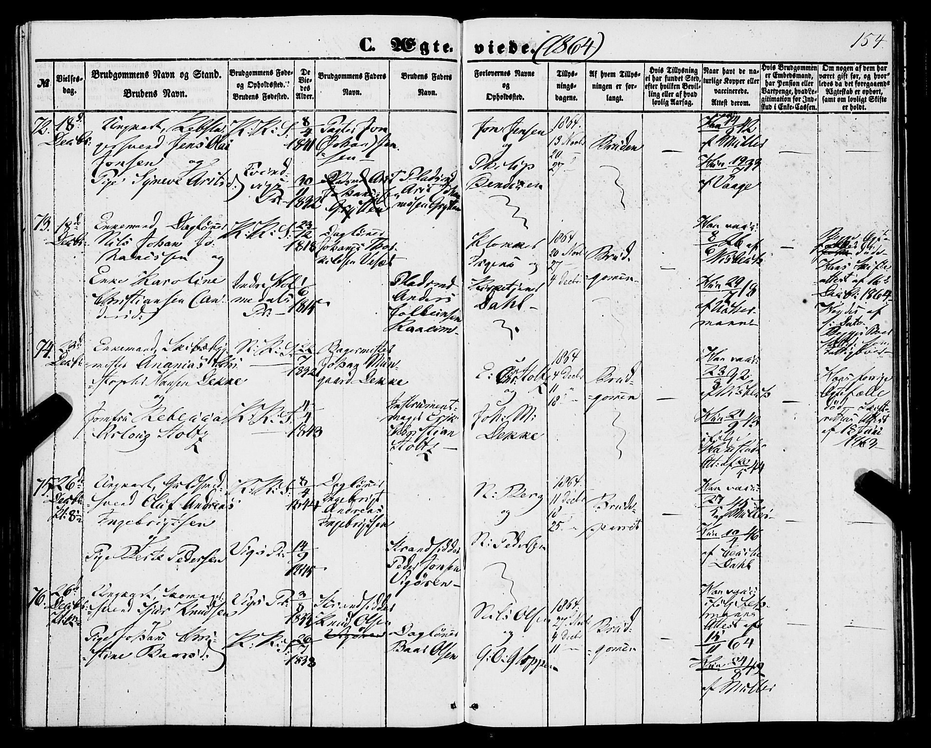 Korskirken sokneprestembete, SAB/A-76101/H/Haa/L0035: Parish register (official) no. D 2, 1852-1867, p. 154