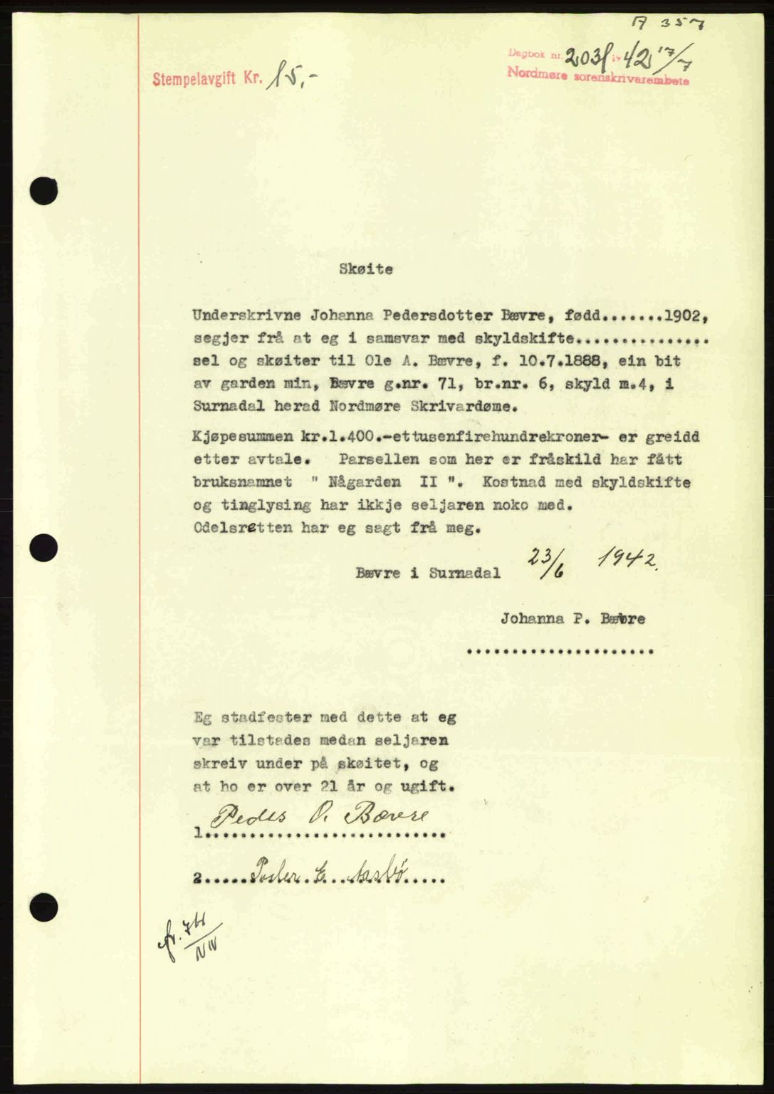 Nordmøre sorenskriveri, AV/SAT-A-4132/1/2/2Ca: Mortgage book no. A93, 1942-1942, Diary no: : 2031/1942