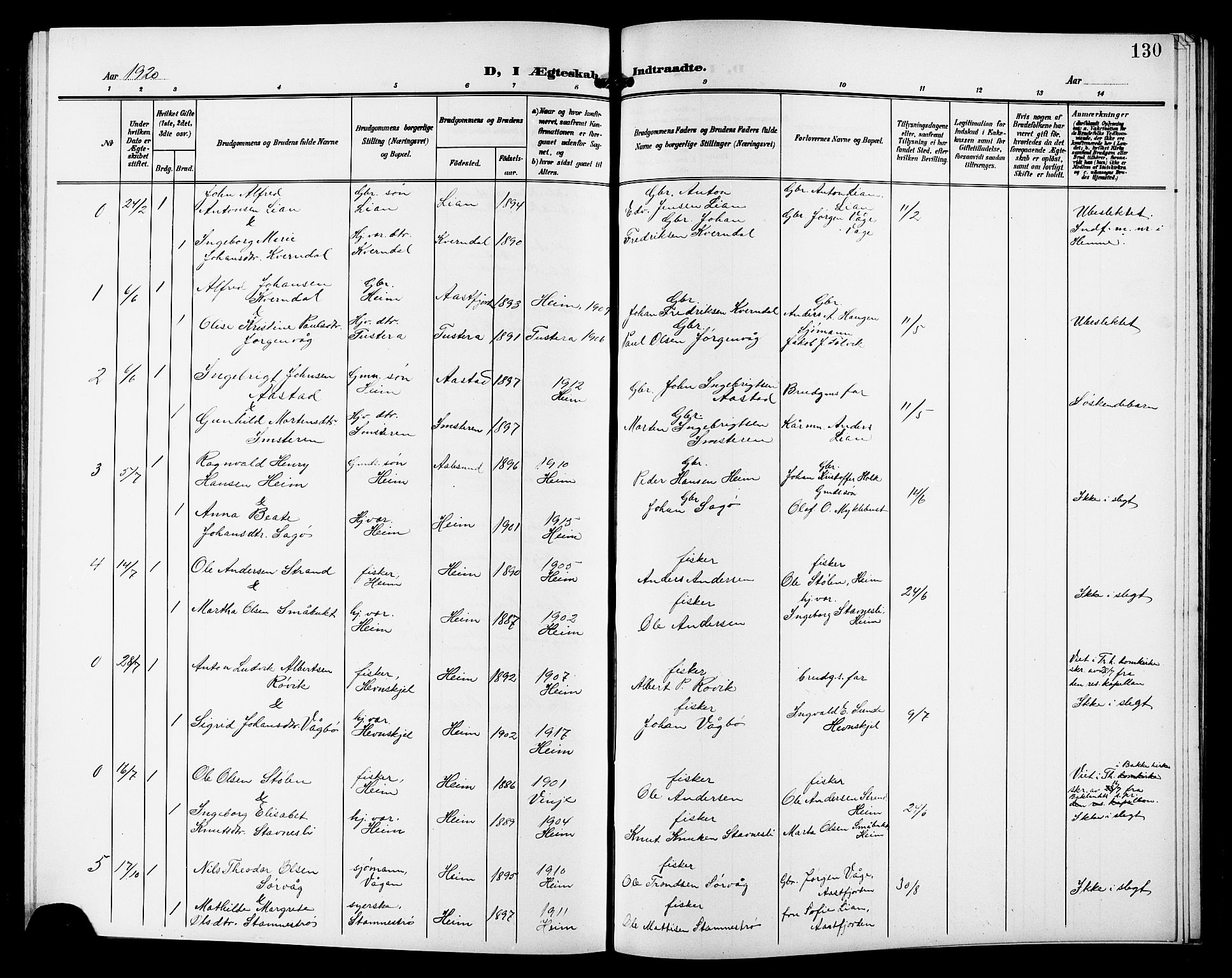 Ministerialprotokoller, klokkerbøker og fødselsregistre - Sør-Trøndelag, AV/SAT-A-1456/633/L0520: Parish register (copy) no. 633C02, 1906-1921, p. 130