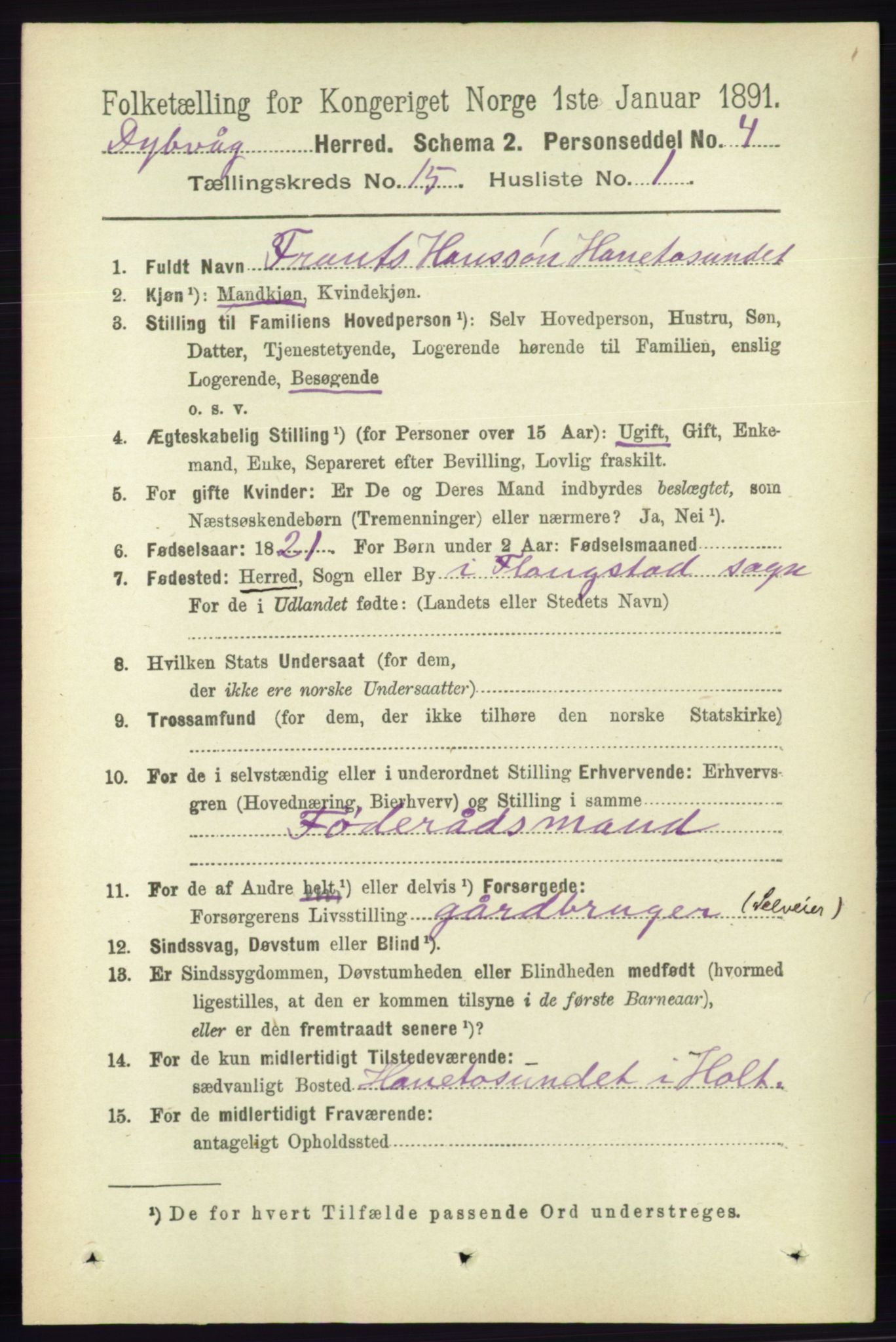 RA, 1891 census for 0915 Dypvåg, 1891, p. 6133