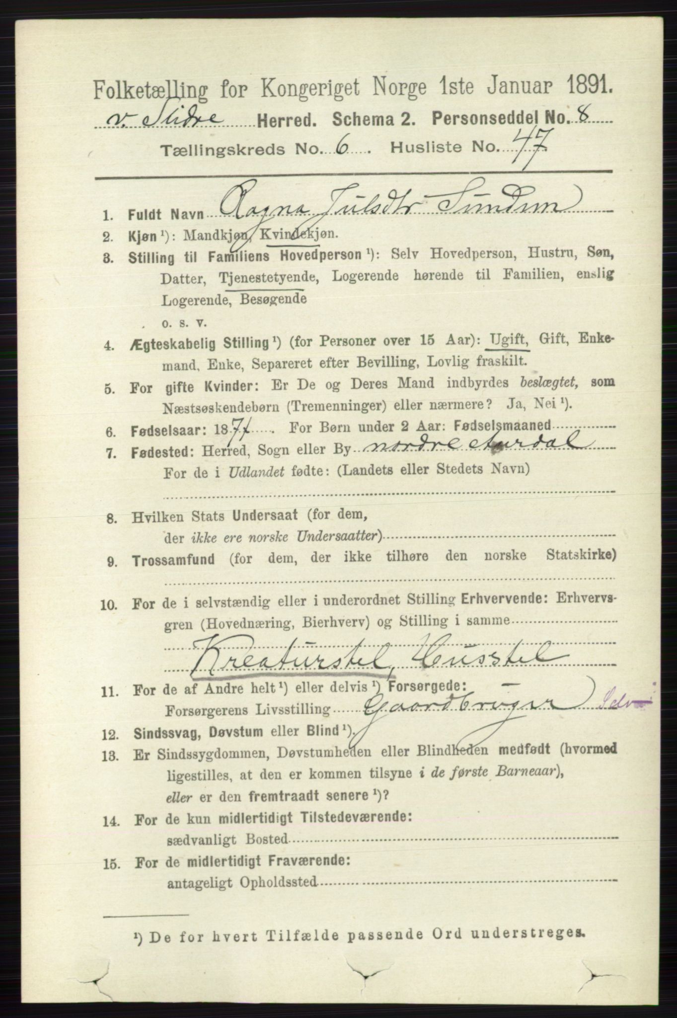 RA, 1891 census for 0543 Vestre Slidre, 1891, p. 2364