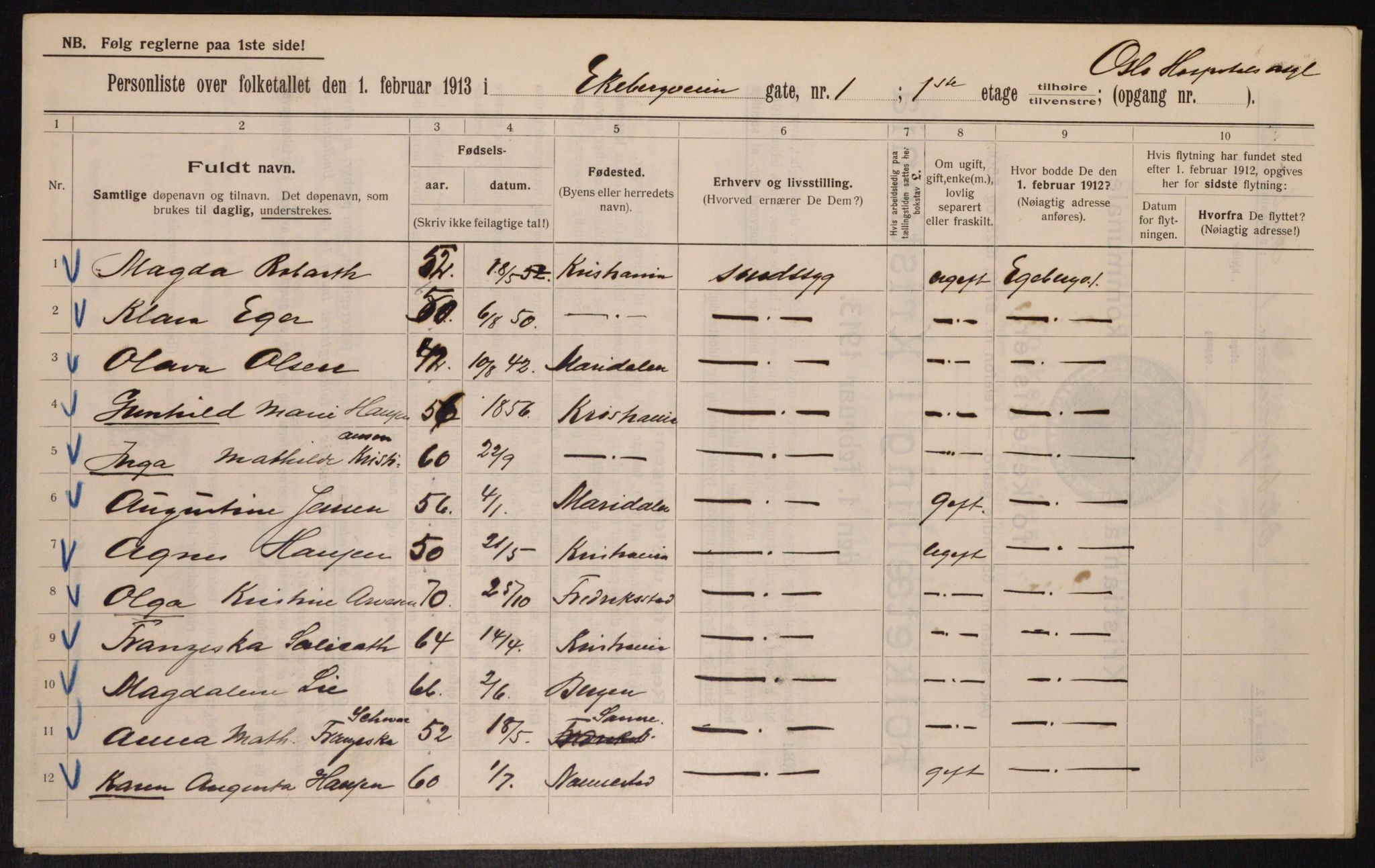 OBA, Municipal Census 1913 for Kristiania, 1913, p. 20203