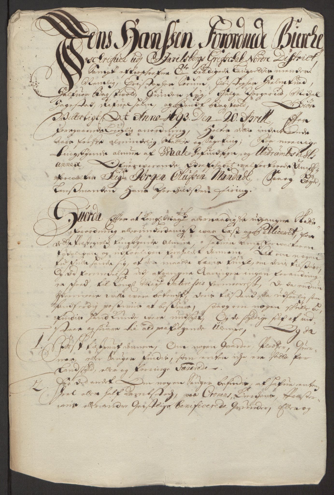 Rentekammeret inntil 1814, Reviderte regnskaper, Fogderegnskap, RA/EA-4092/R32/L1866: Fogderegnskap Jarlsberg grevskap, 1693, p. 388