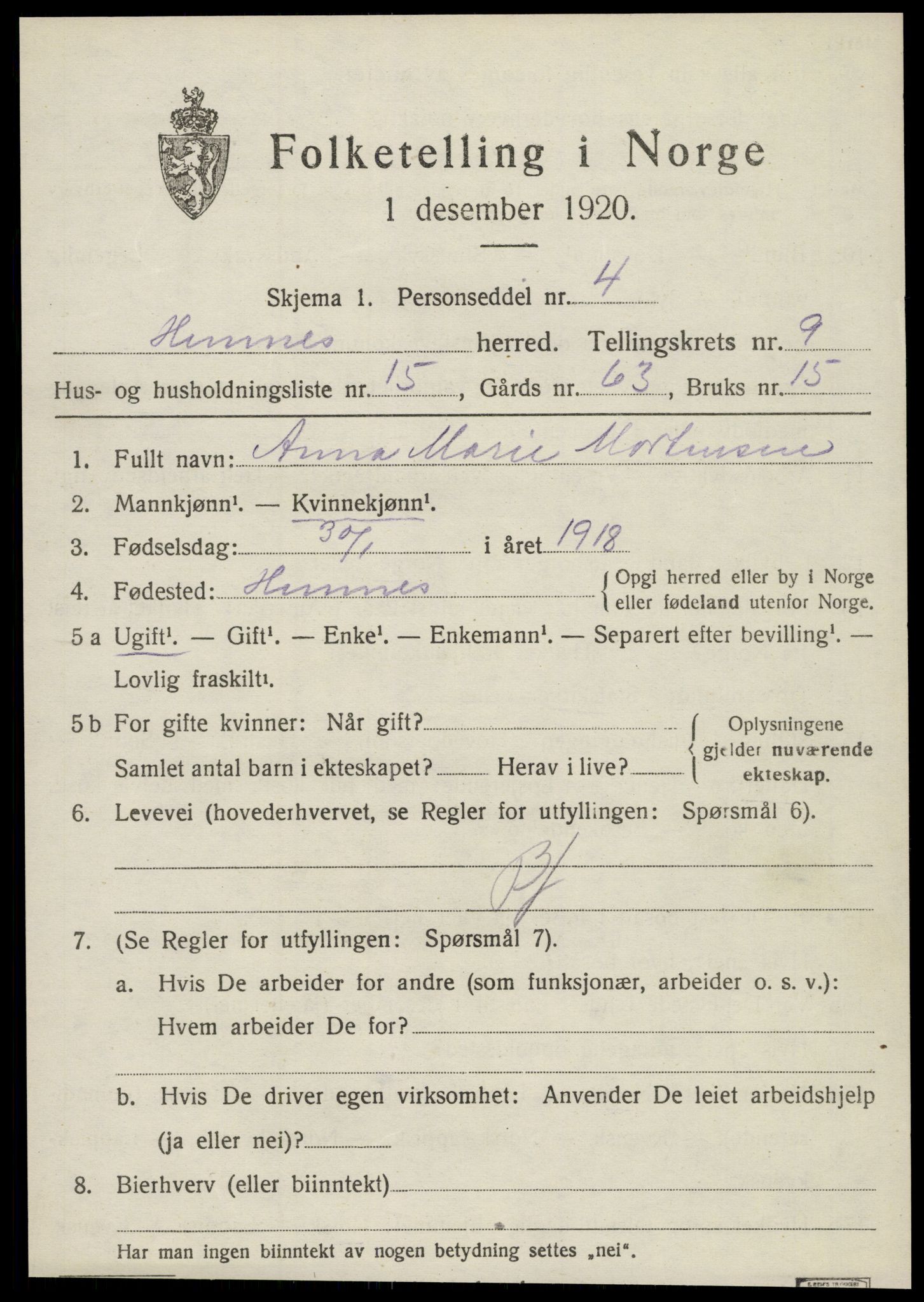 SAT, 1920 census for Hemnes, 1920, p. 8502