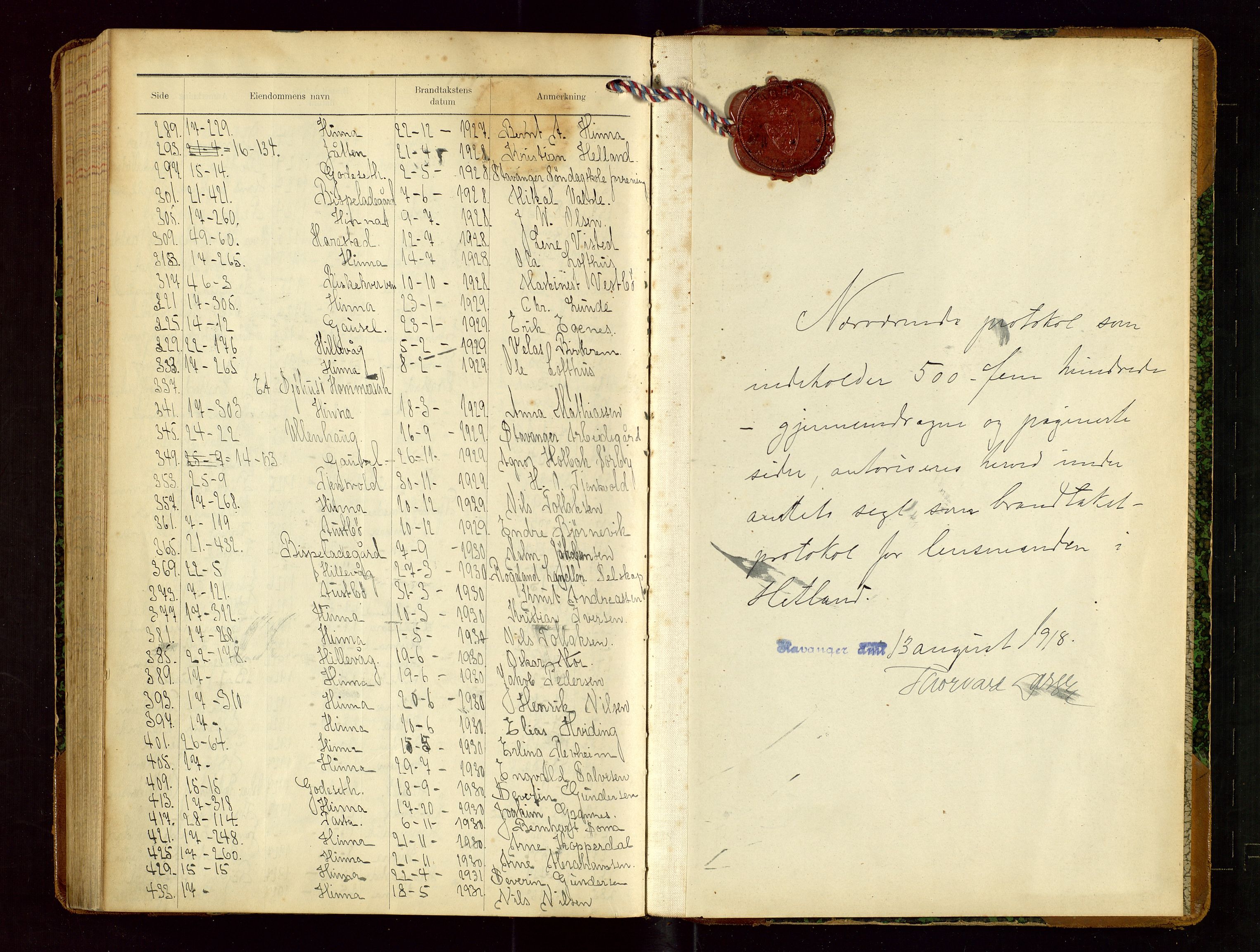Hetland lensmannskontor, AV/SAST-A-100101/Gob/L0002: "Brandtakstprotokol", 1918-1932