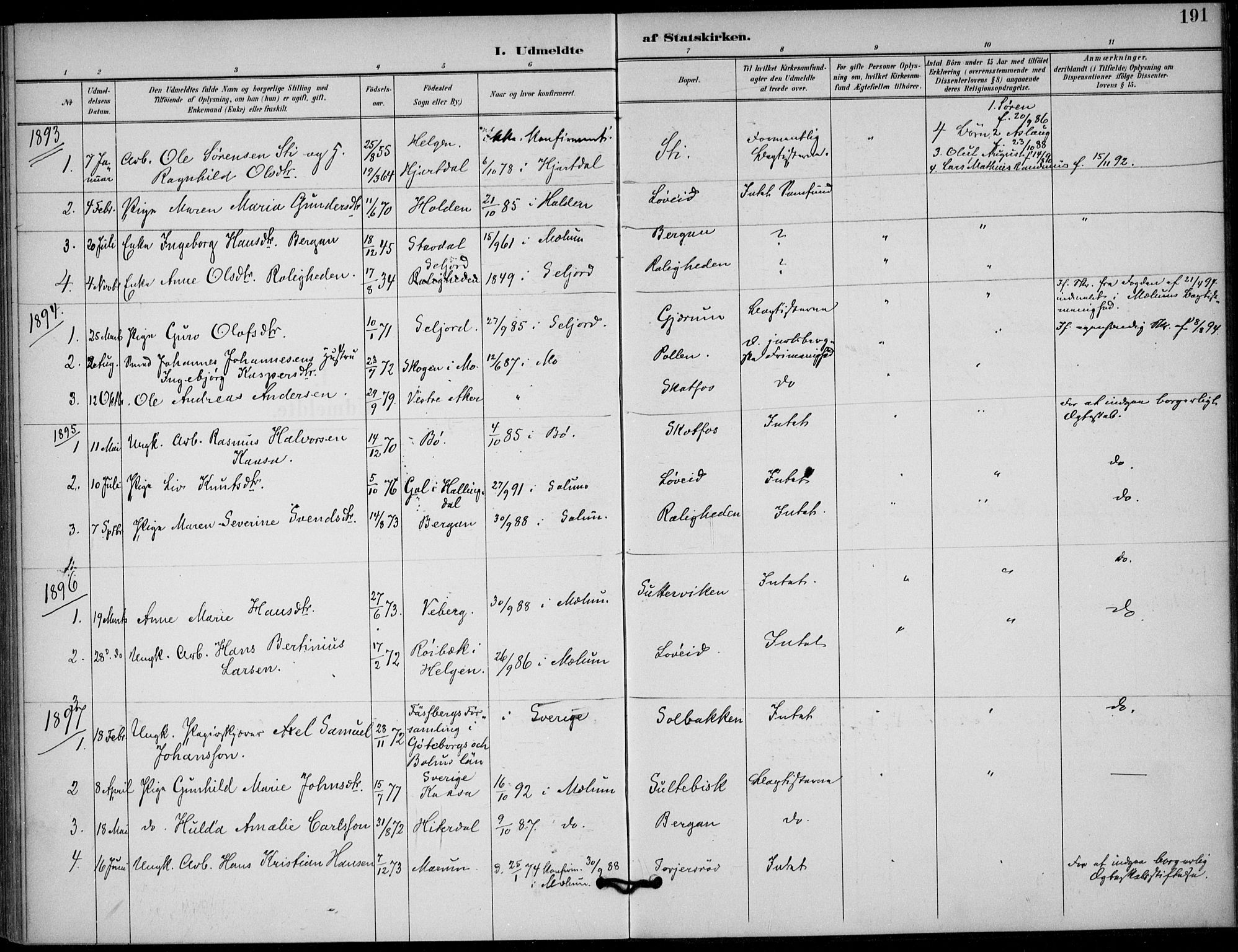 Solum kirkebøker, SAKO/A-306/F/Fb/L0002: Parish register (official) no. II 2, 1893-1901, p. 191