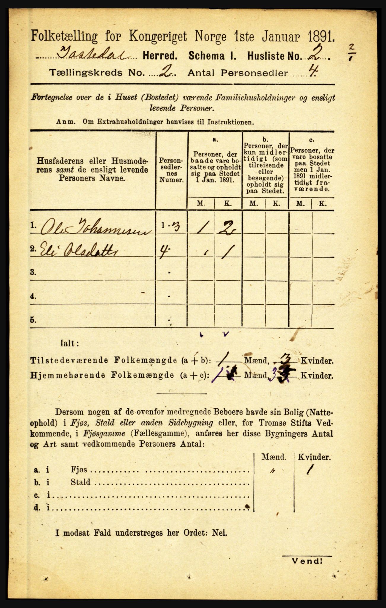 RA, 1891 census for 1427 Jostedal, 1891, p. 453