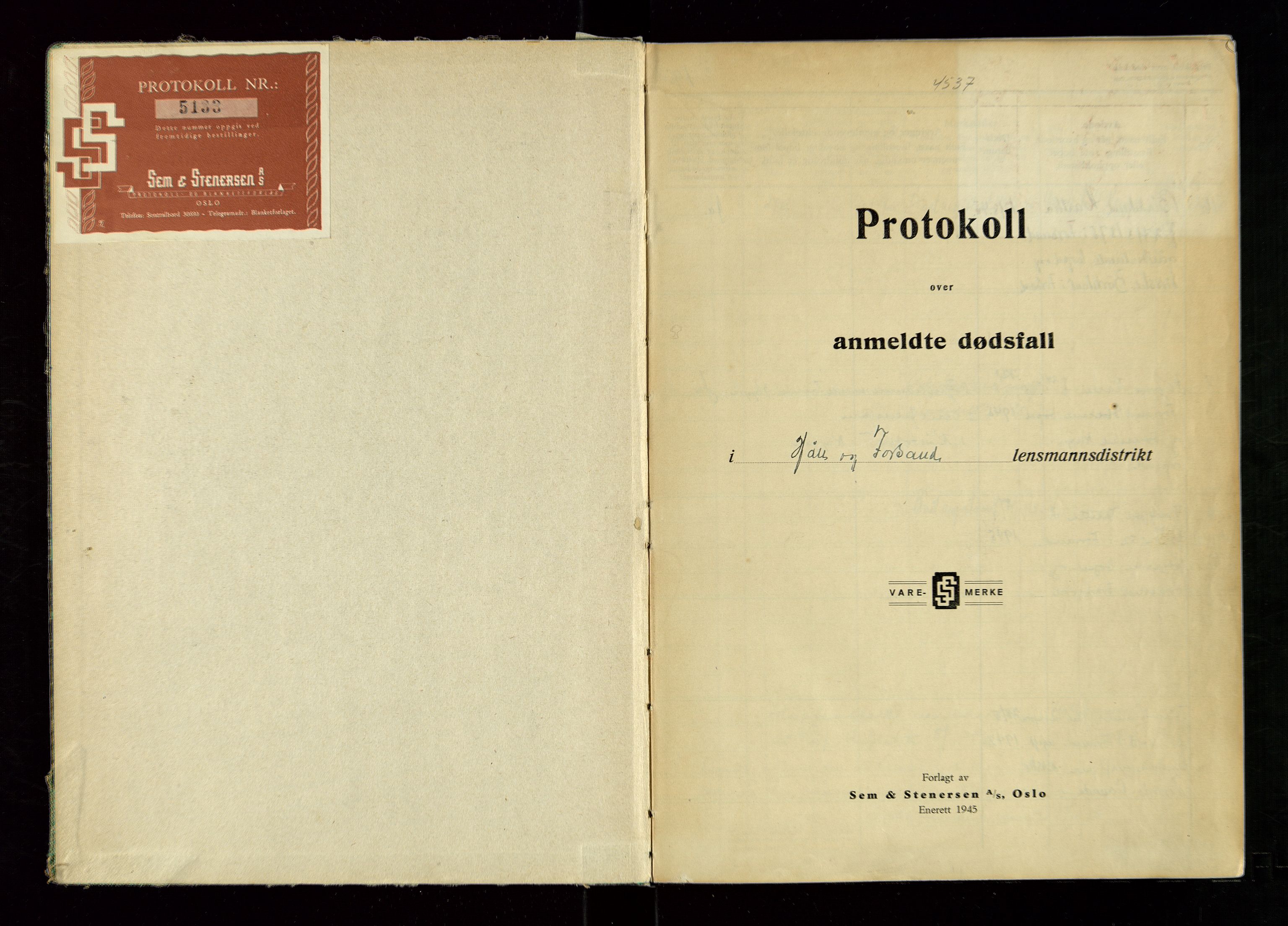 Høle og Forsand lensmannskontor, AV/SAST-A-100127/Gga/L0006: "Protokoll over anmeldte dødsfall i Høle og Forsand lensmannsdistrikt", 1945-1954