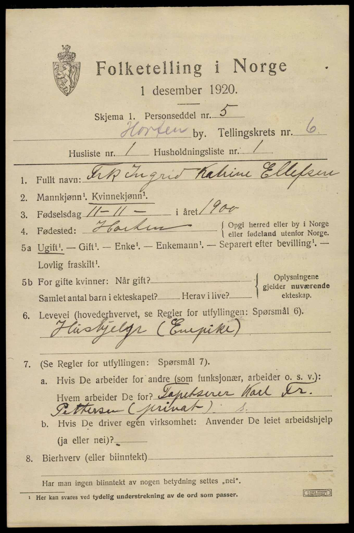 SAKO, 1920 census for Horten, 1920, p. 22267